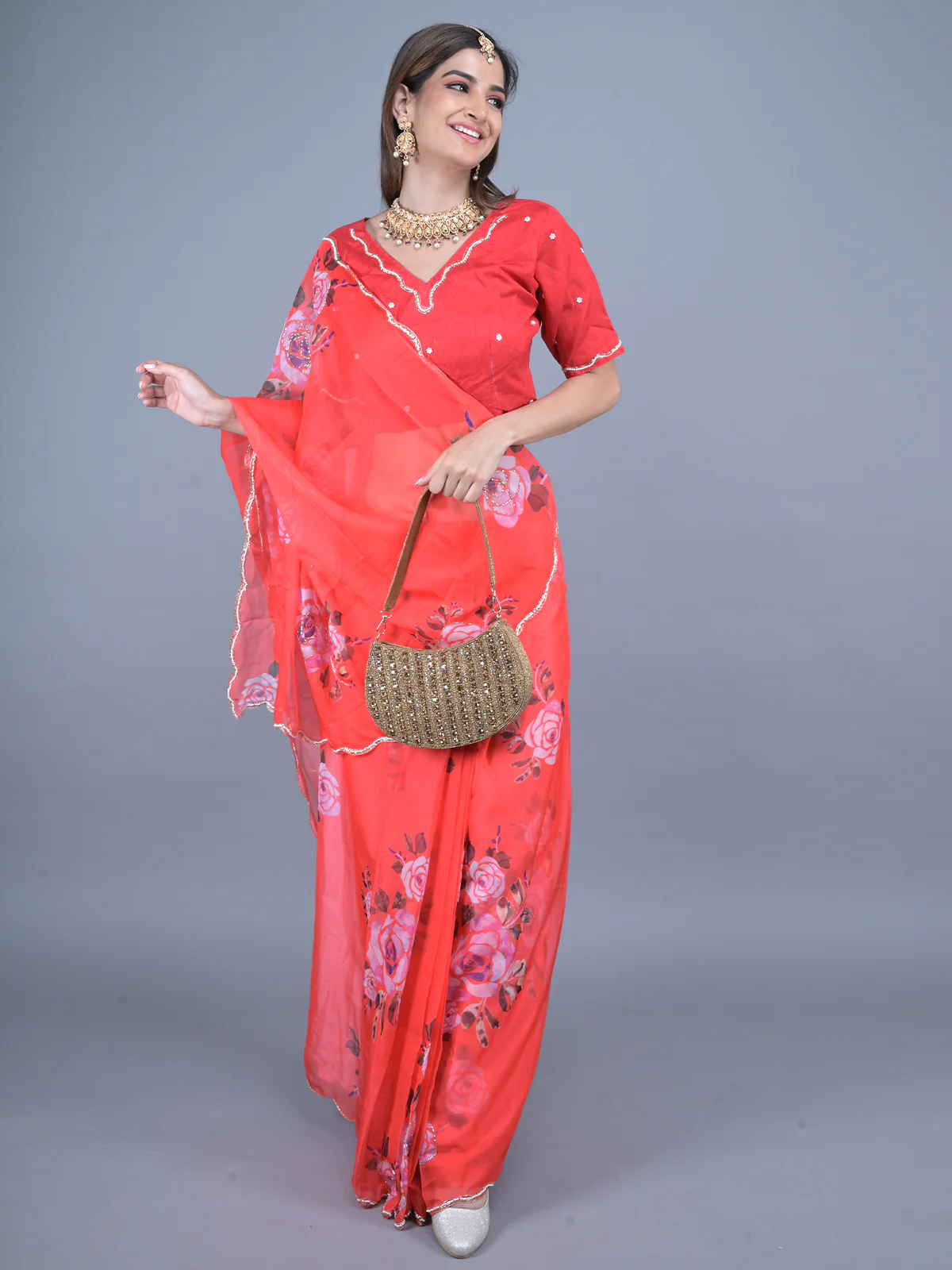 Odette Red Floral Printed Embroidered Soft Organza Saree with Unstitched Blouse for Women - Image 2