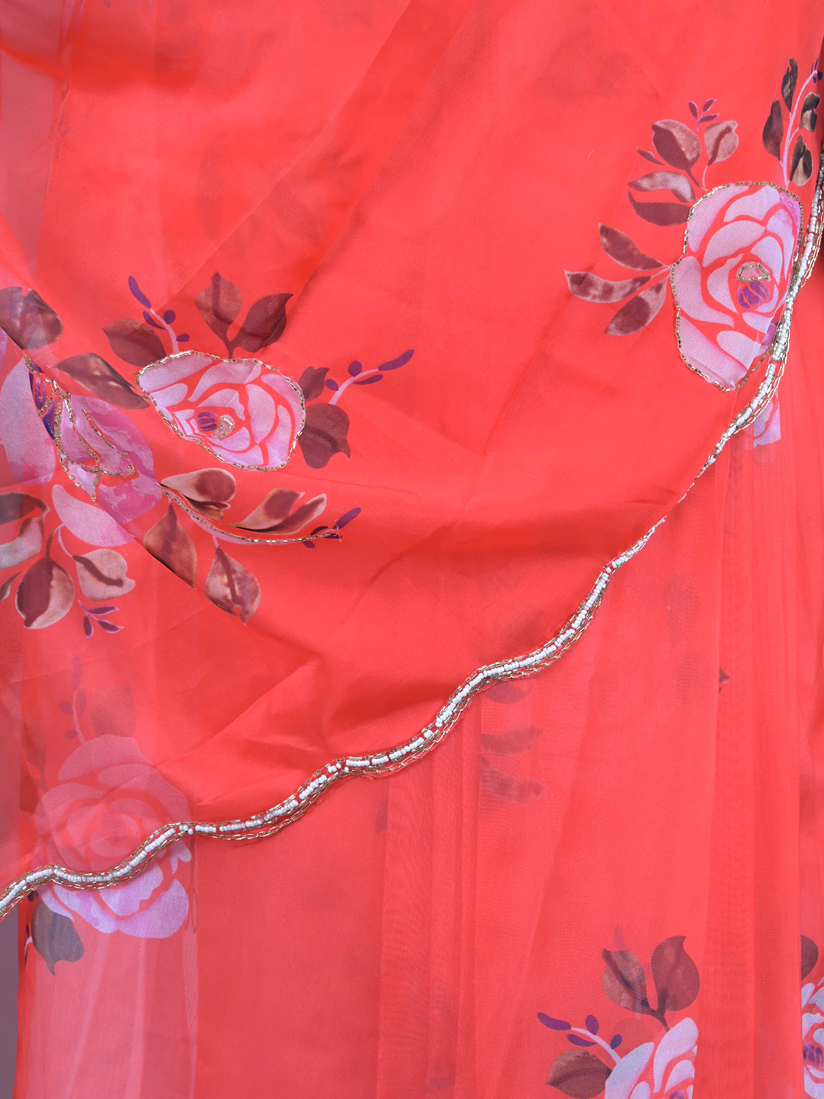 Odette Red Floral Printed Embroidered Soft Organza Saree with Unstitched Blouse for Women - Image 5