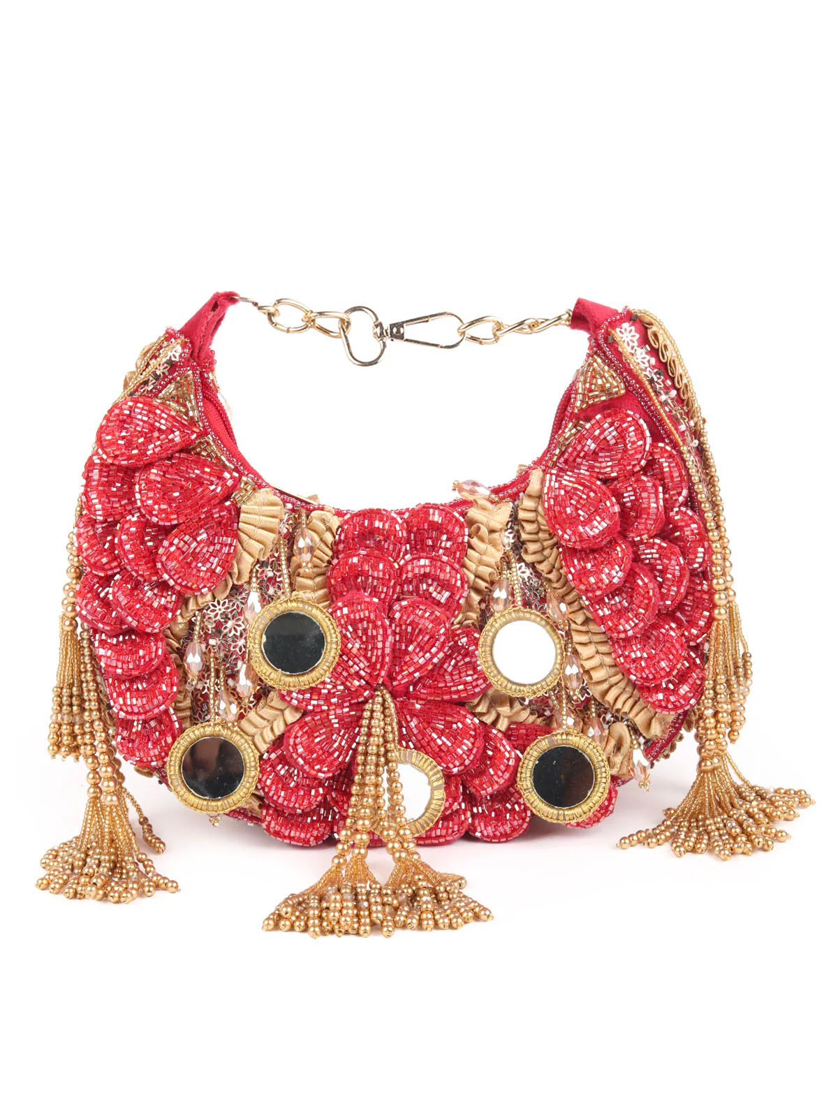 Odette Red Flower Embellished Tasseled Clutch For Women - Image 3
