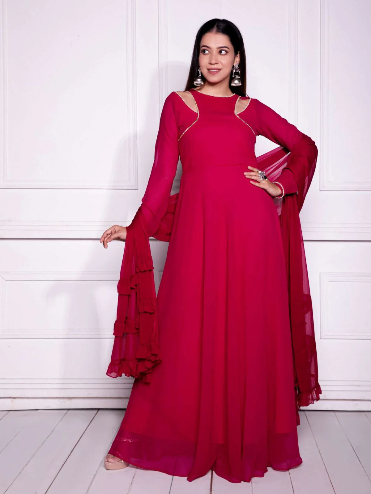Odette Red Georgette Beads Stitched Gown For women - Image 2