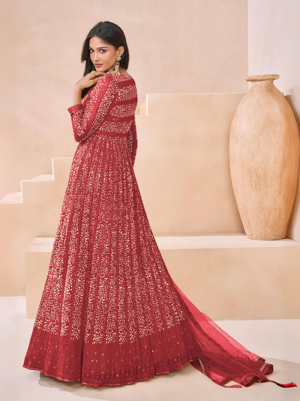 Odette Red Georgette Embellished Semi Stitched Kurta Set For Women - Image 2