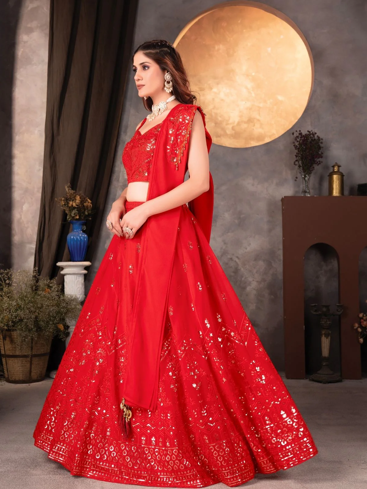 Odette Red Georgette Embellished Semi Stitched Lehenga For Women - Image 2