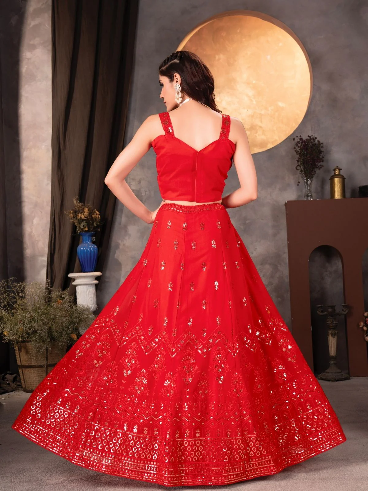 Odette Red Georgette Embellished Semi Stitched Lehenga For Women - Image 4