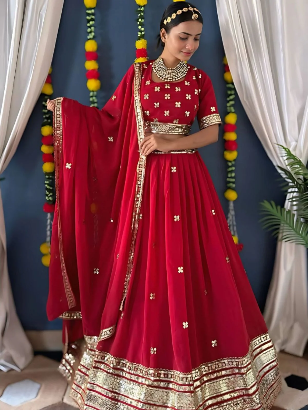 Odette Red Georgette Embellished Semi-Stitched lehenga For Women - Image 2