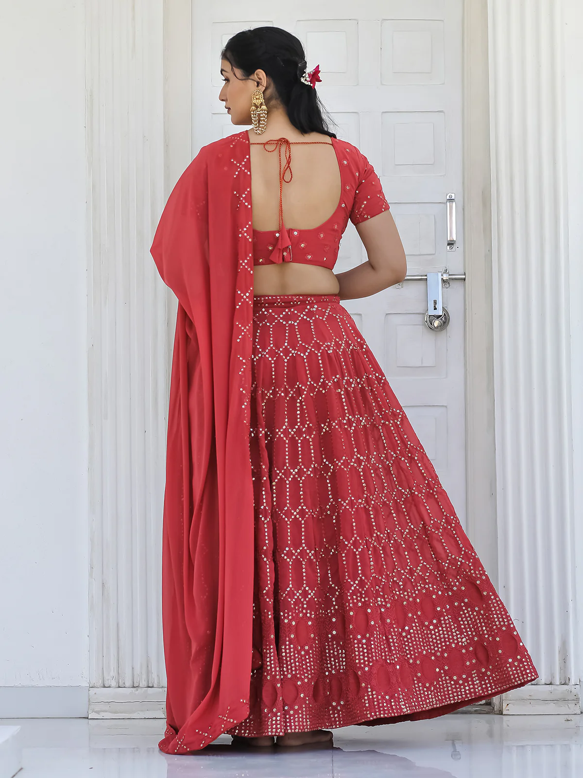 Odette Red Georgette Embellished Semi Stitched Lehenga With Unstitched Blouse For Women - Image 4