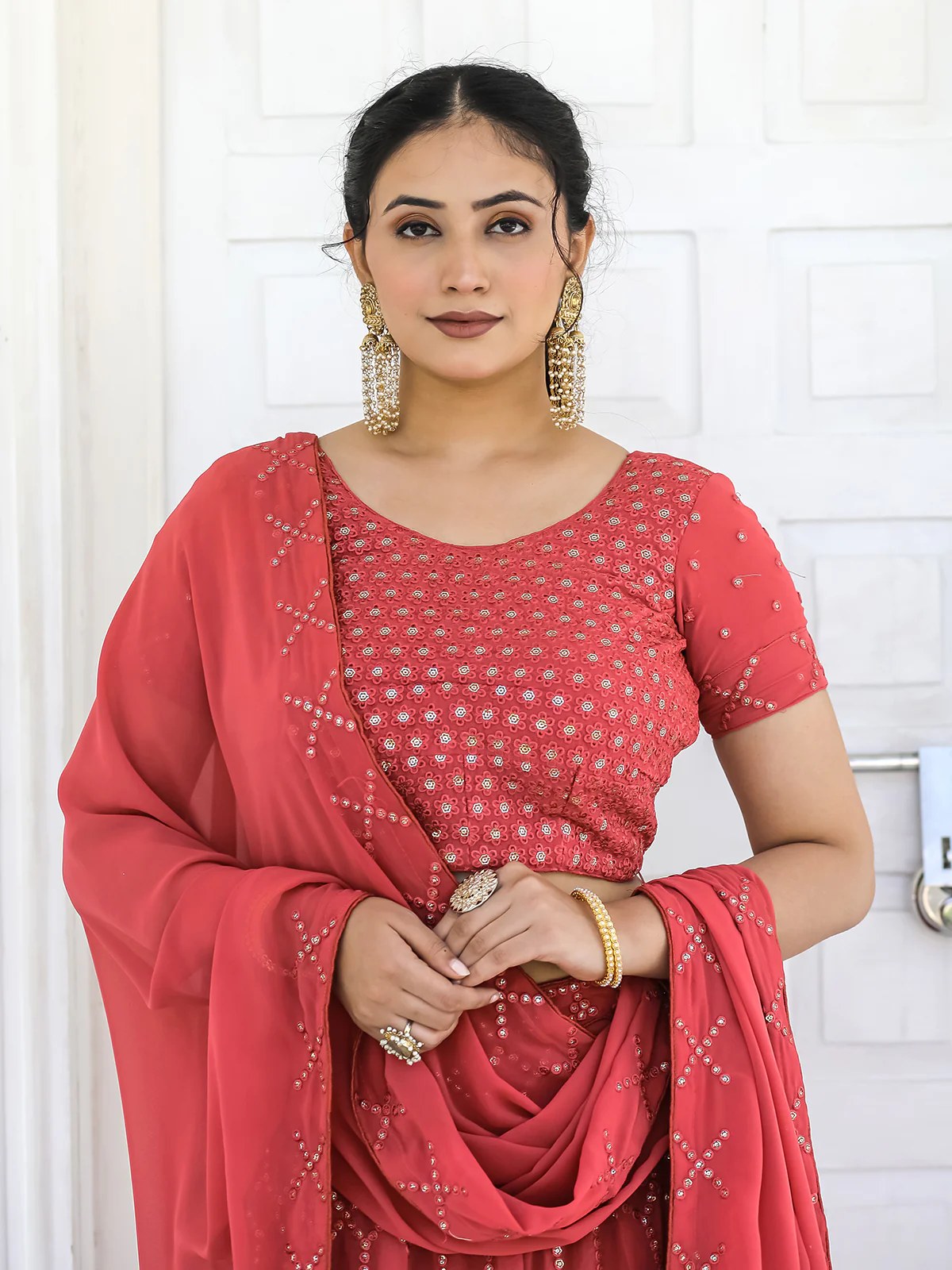 Odette Red Georgette Embellished Semi Stitched Lehenga With Unstitched Blouse For Women - Image 6