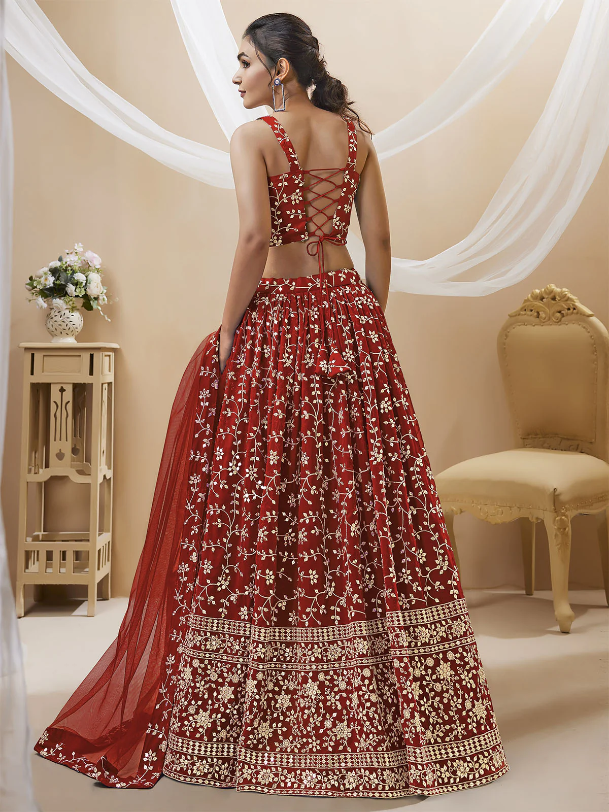Odette Red Georgette Embellished Semi Stitched Lehenga With Unstitched Blouse For Women - Image 3