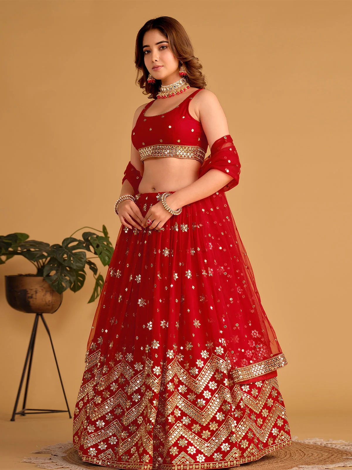 Odette Red Georgette Embellished Semi Stitched Lehenga With Unstitched Blouse For Women - Image 2