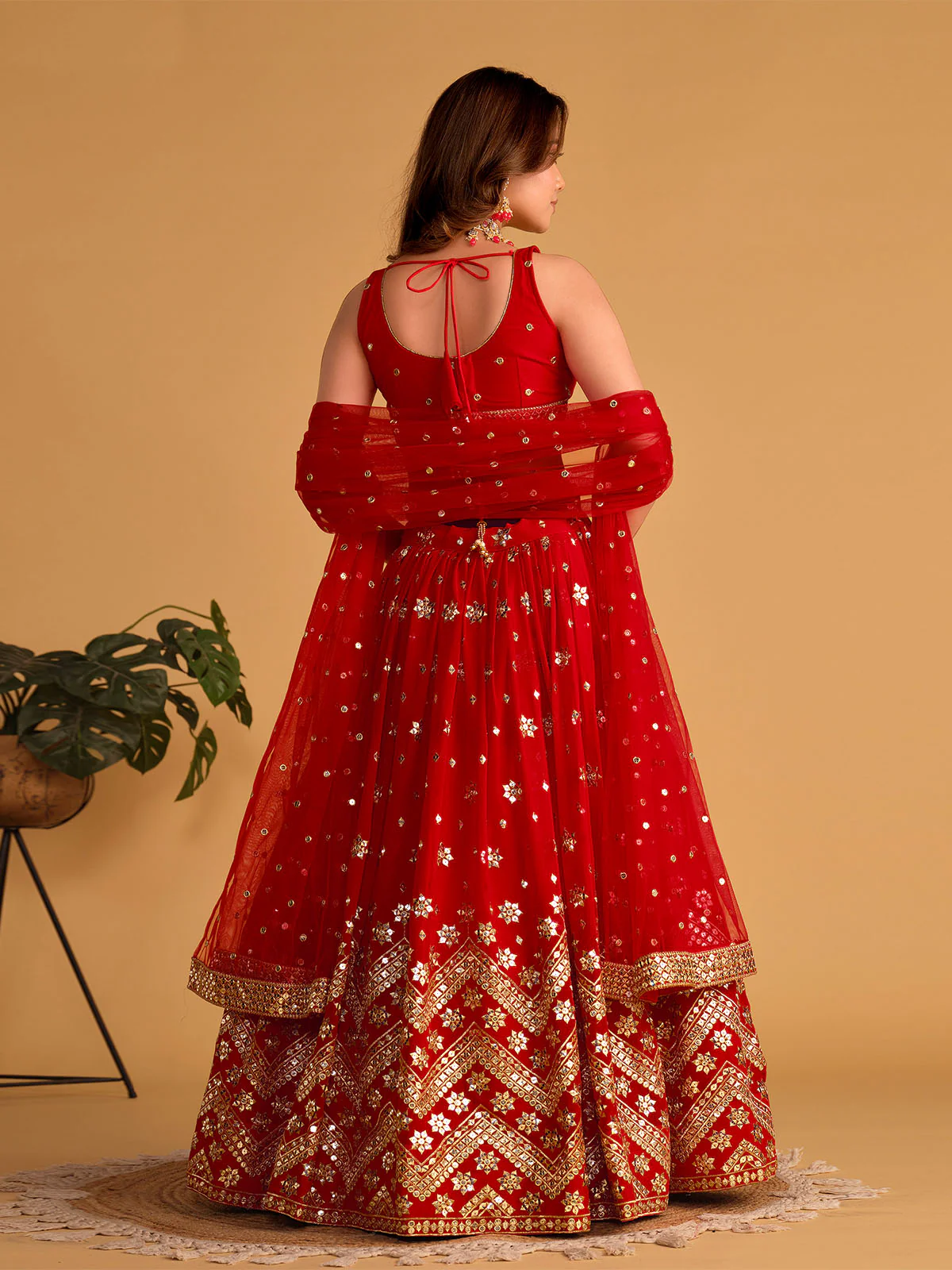 Odette Red Georgette Embellished Semi Stitched Lehenga With Unstitched Blouse For Women - Image 3