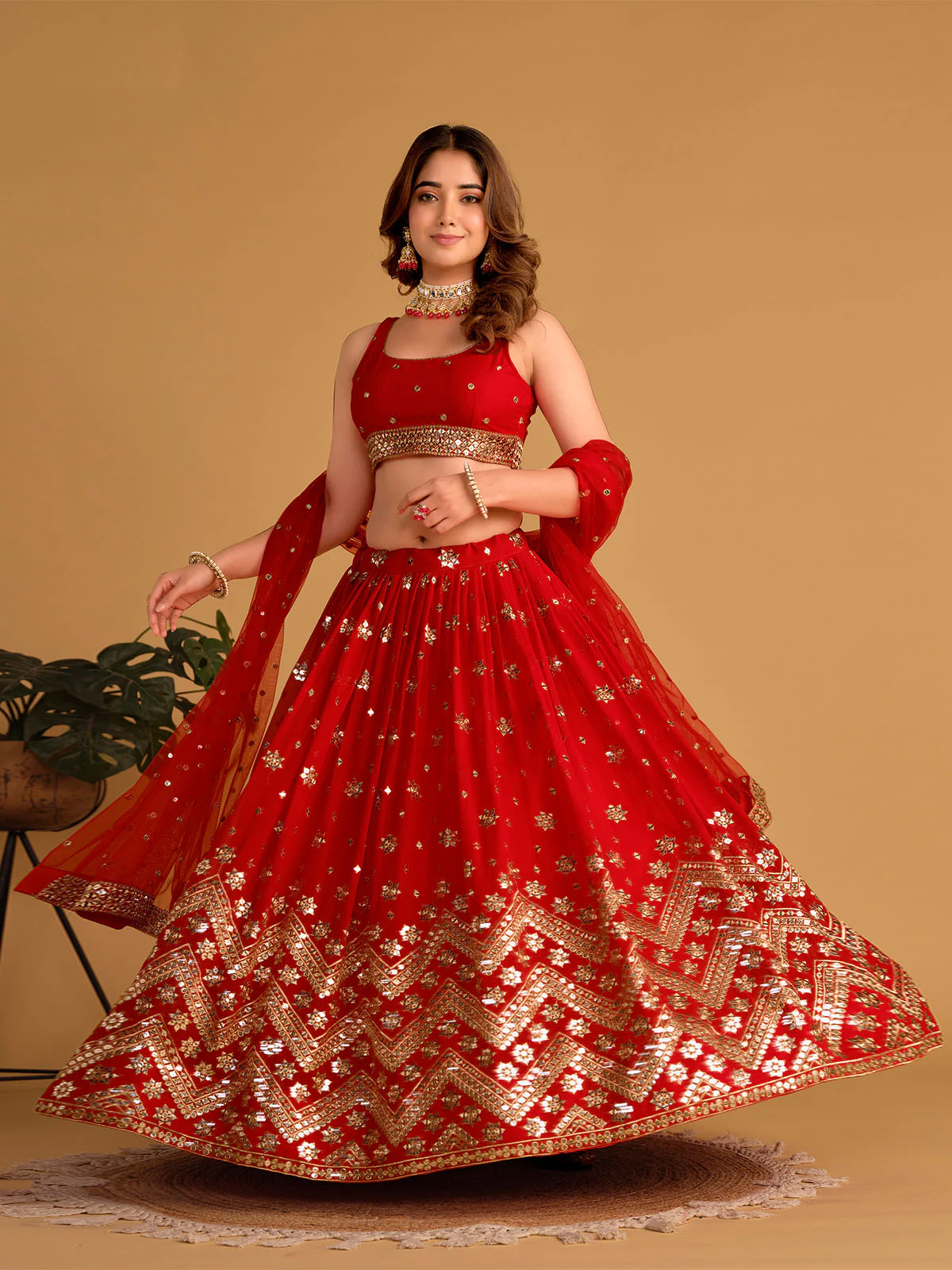Odette Red Georgette Embellished Semi Stitched Lehenga With Unstitched Blouse For Women - Image 4