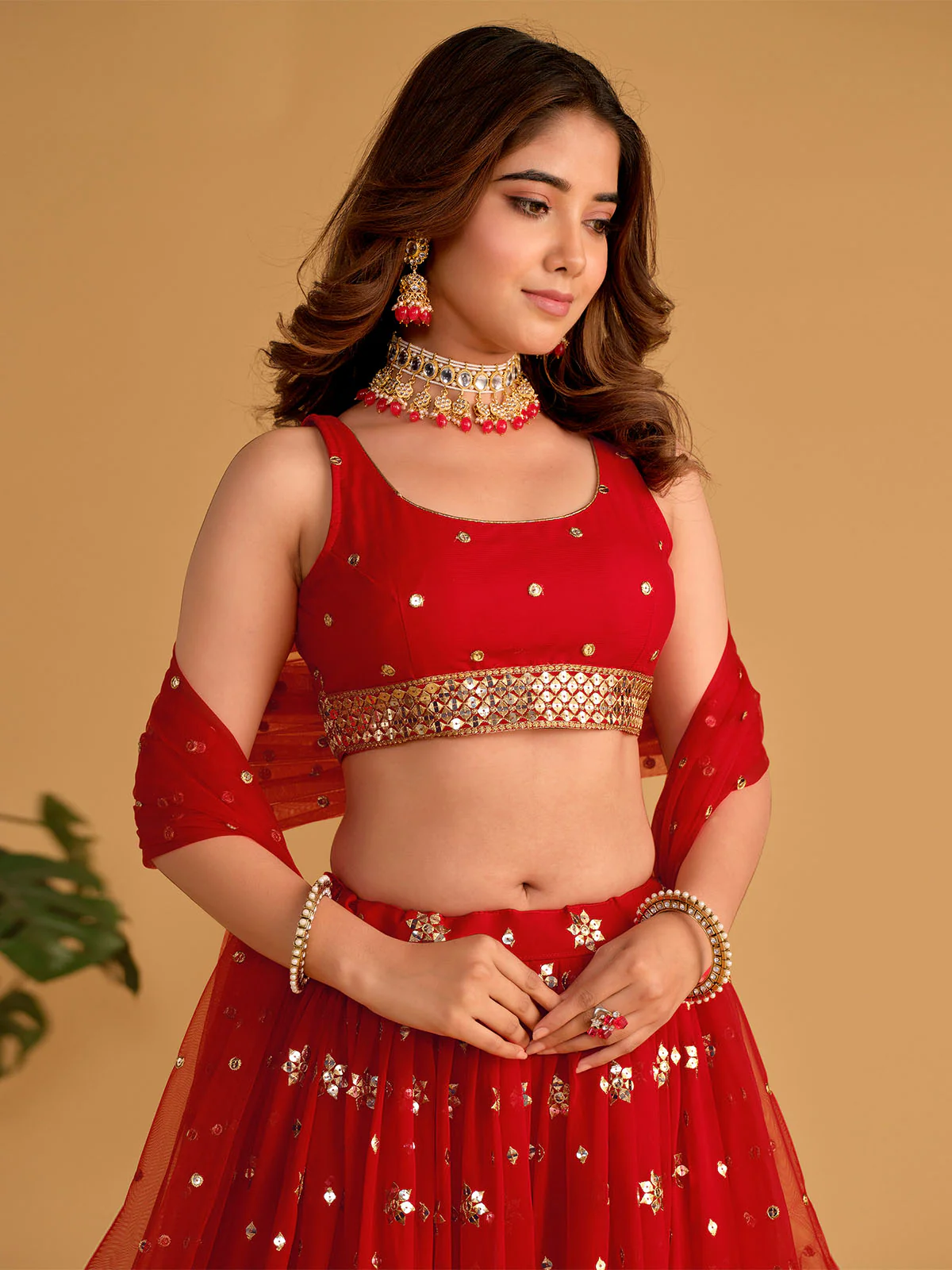 Odette Red Georgette Embellished Semi Stitched Lehenga With Unstitched Blouse For Women - Image 5