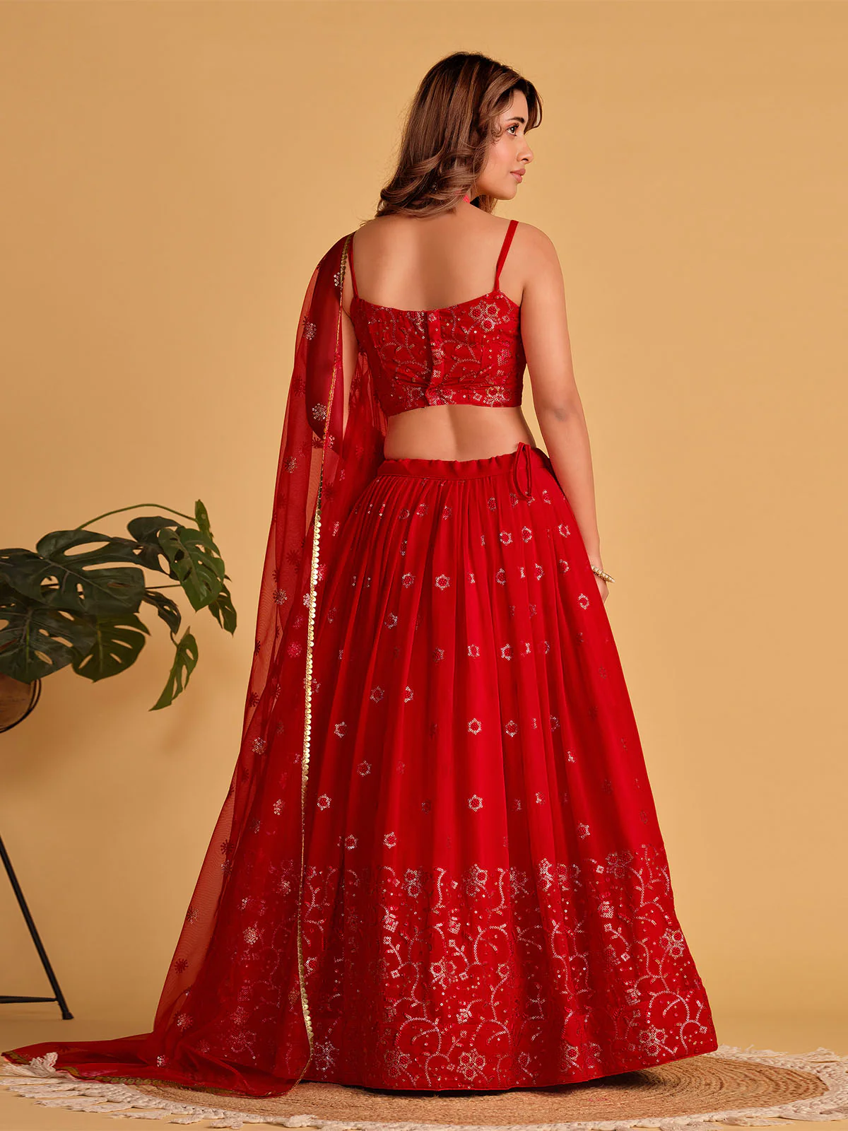 Odette Red Georgette Embellished Semi Stitched Lehenga With Unstitched Blouse For Women - Image 4