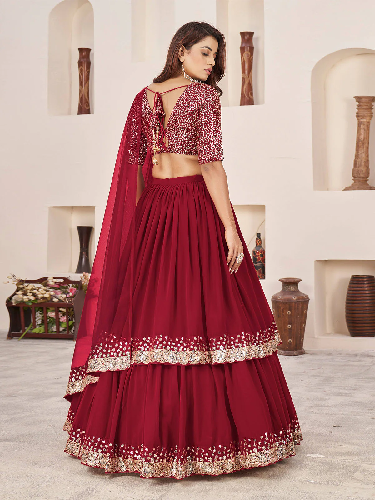 Odette Red Georgette Embellished Semi Stitched Lehenga With Unstitched Blouse For Women - Image 3