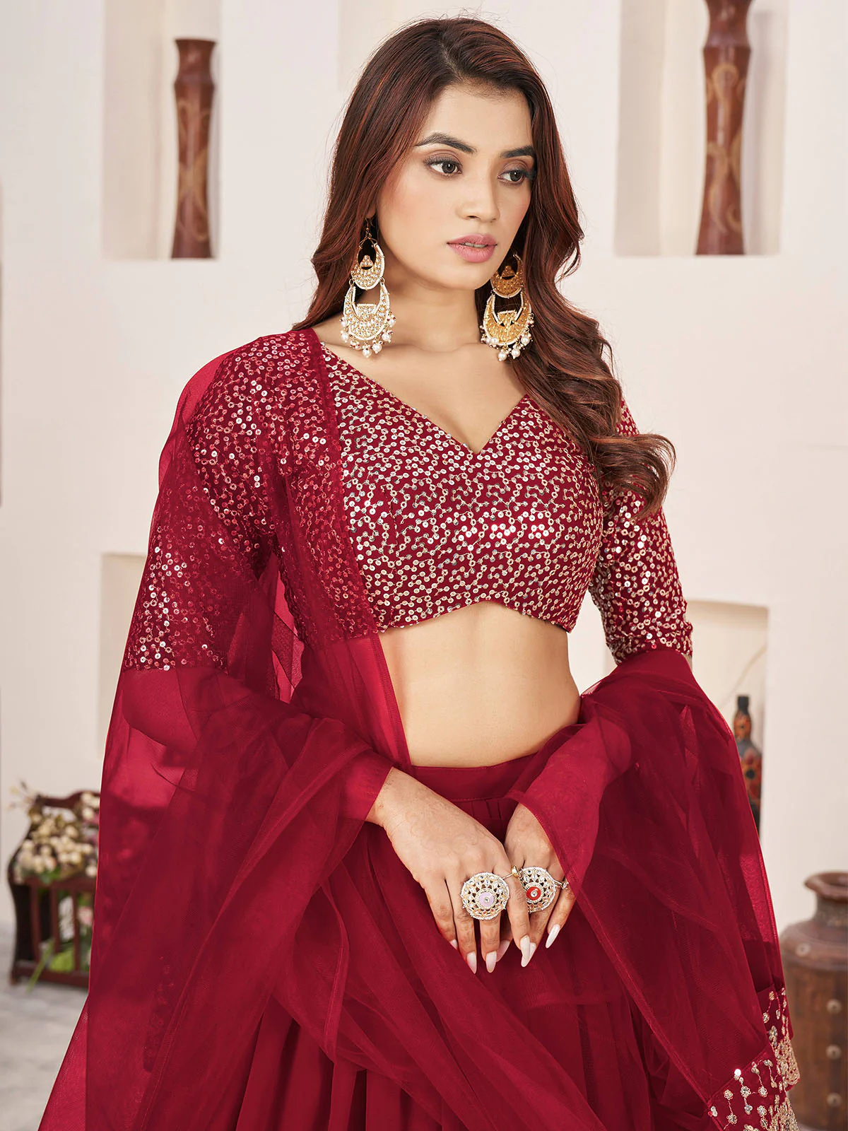 Odette Red Georgette Embellished Semi Stitched Lehenga With Unstitched Blouse For Women - Image 4
