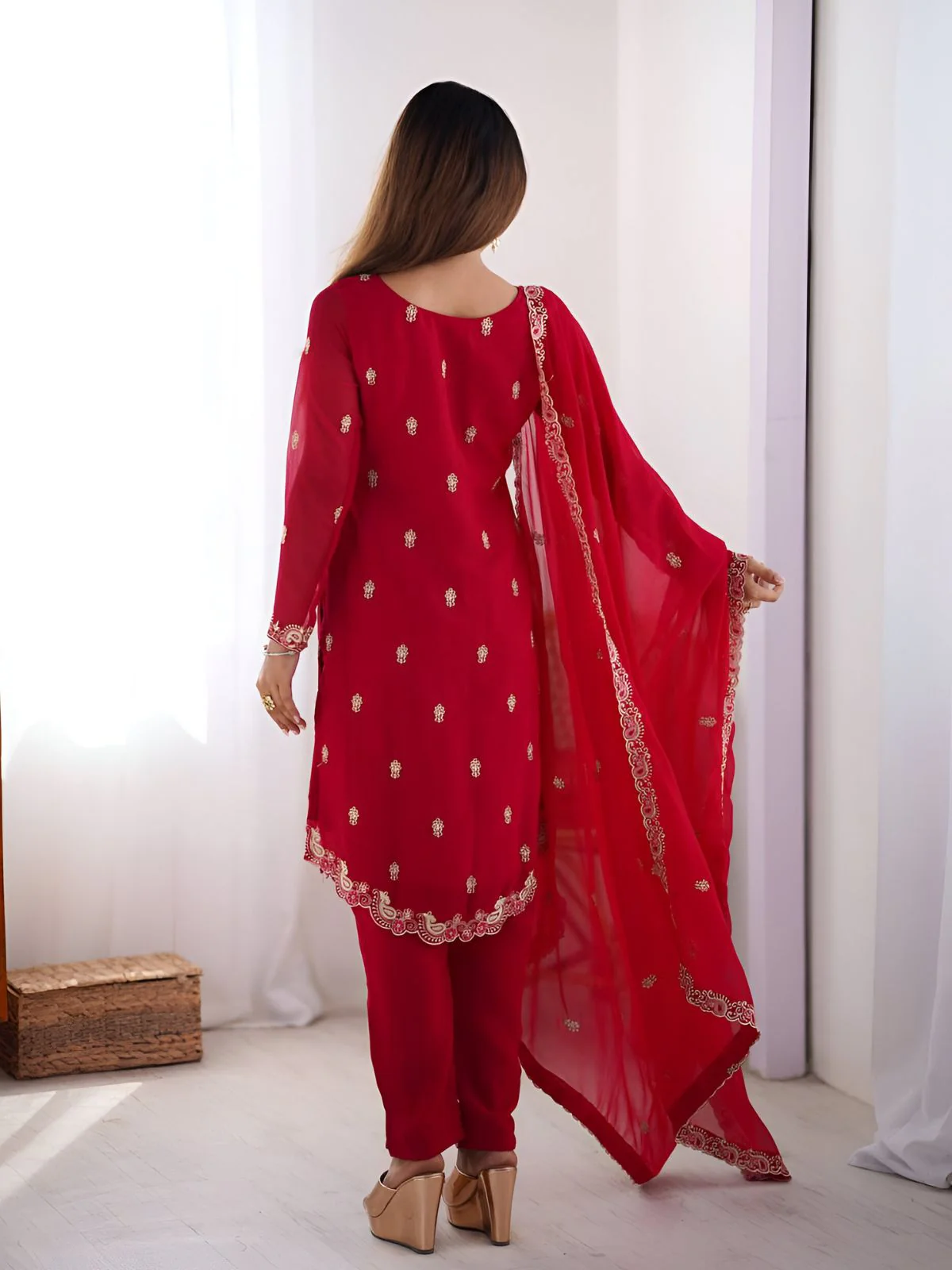 Odette Red Georgette Embroidered & Cutwork Kurta Set For Women - Image 3