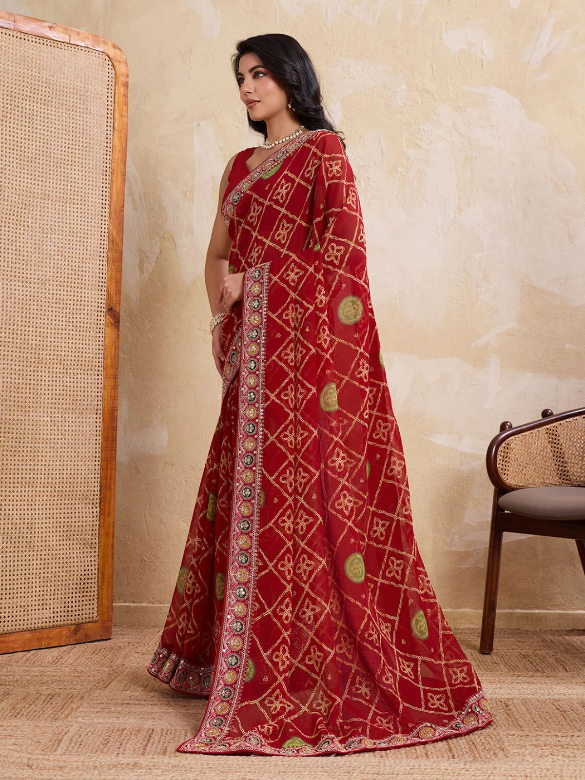 Odette Red Georgette Embroidered Saree For Women - Image 2