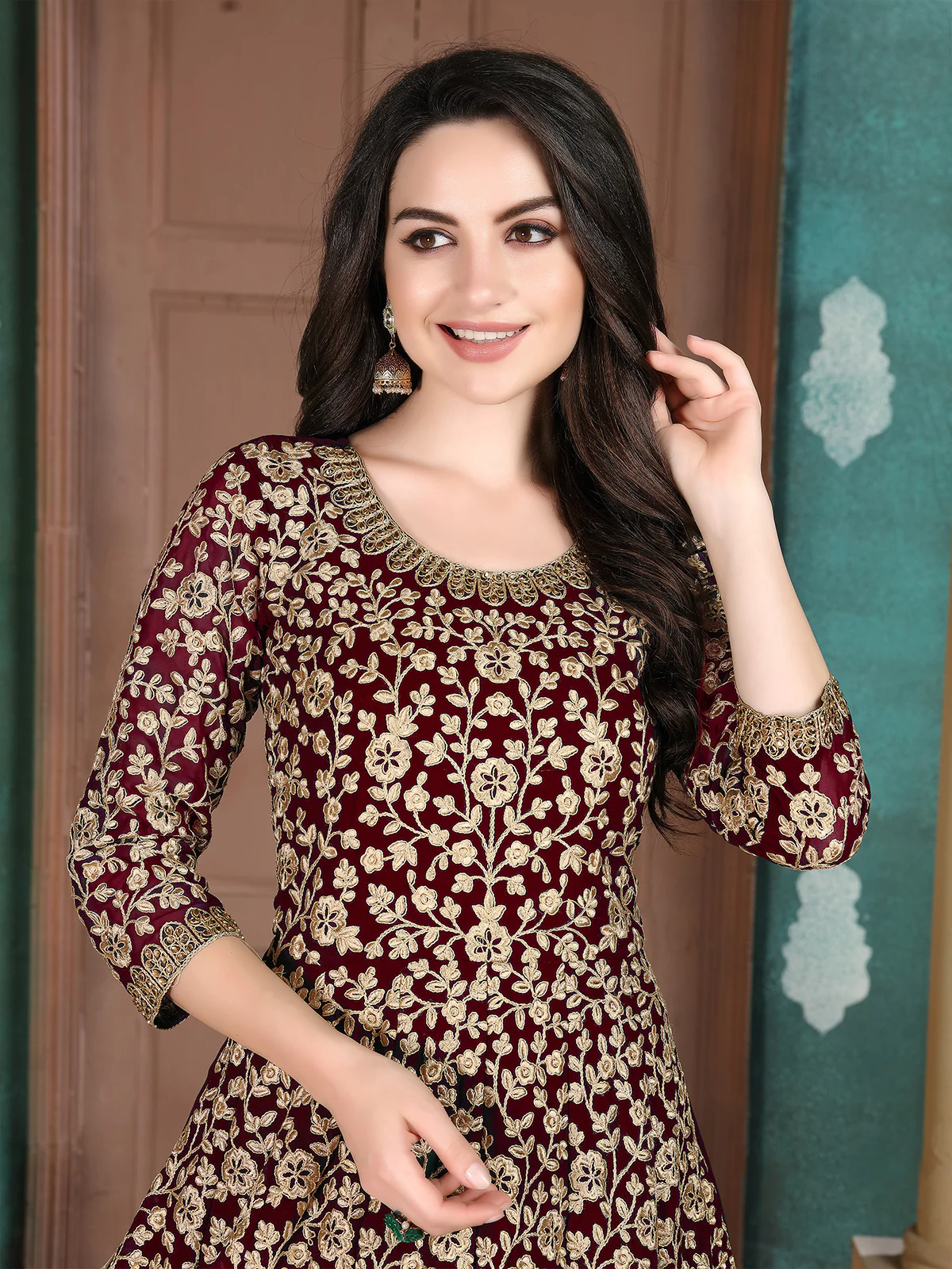 Odette Red Georgette Embroidered Semi stitched Kurta Set For Women - Image 2