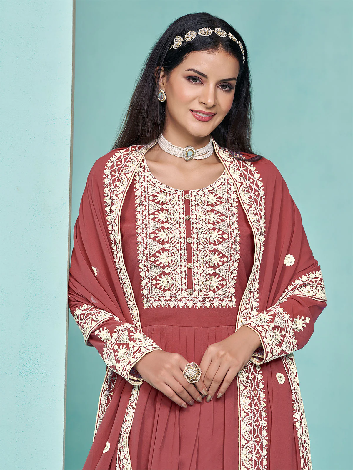 Odette Red Georgette Embroidered Semi Stitched Kurta Set For Women - Image 3