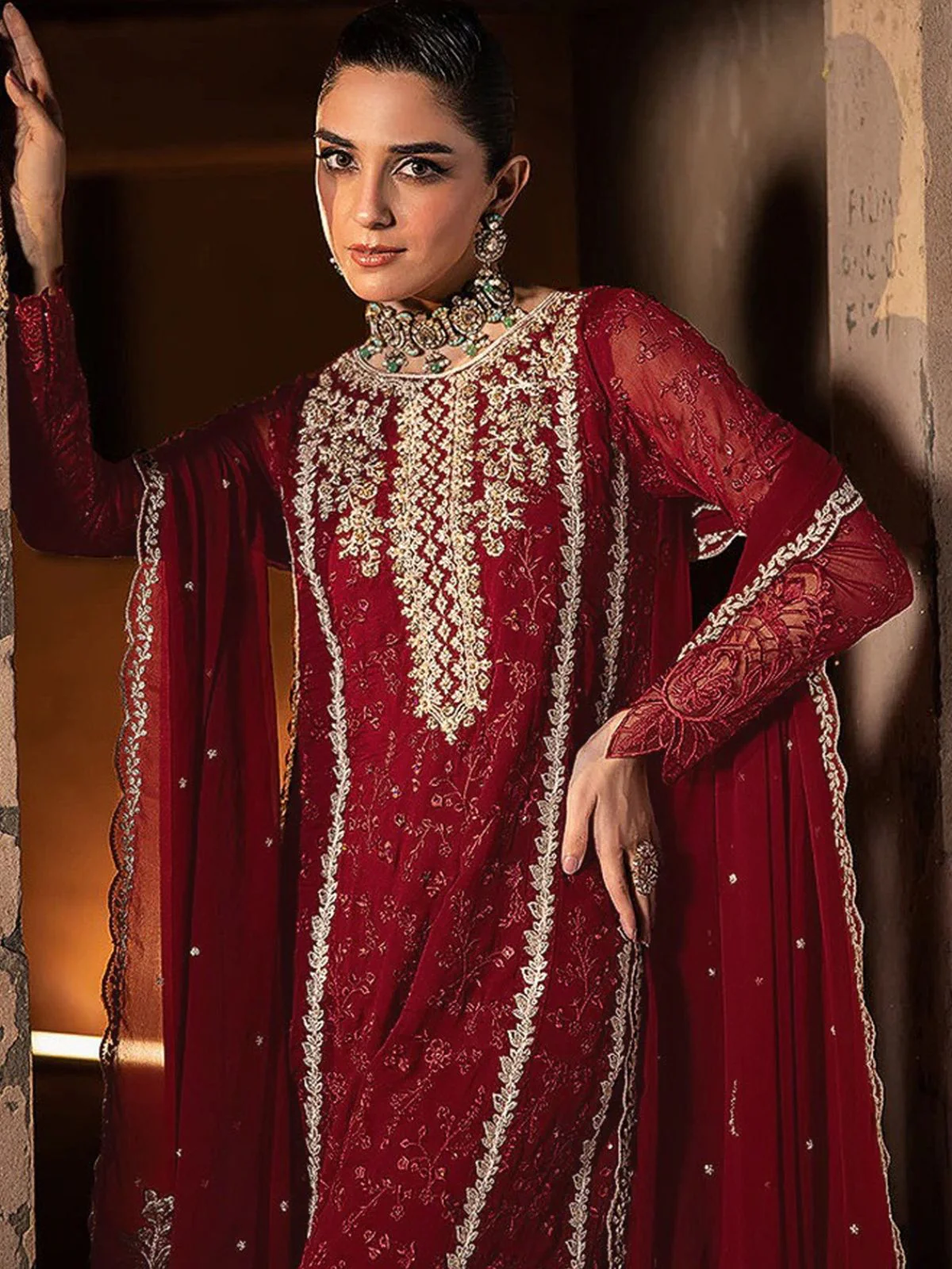 Odette Red Georgette Embroidered Semi-Stitched Kurta Set For Women - Image 2