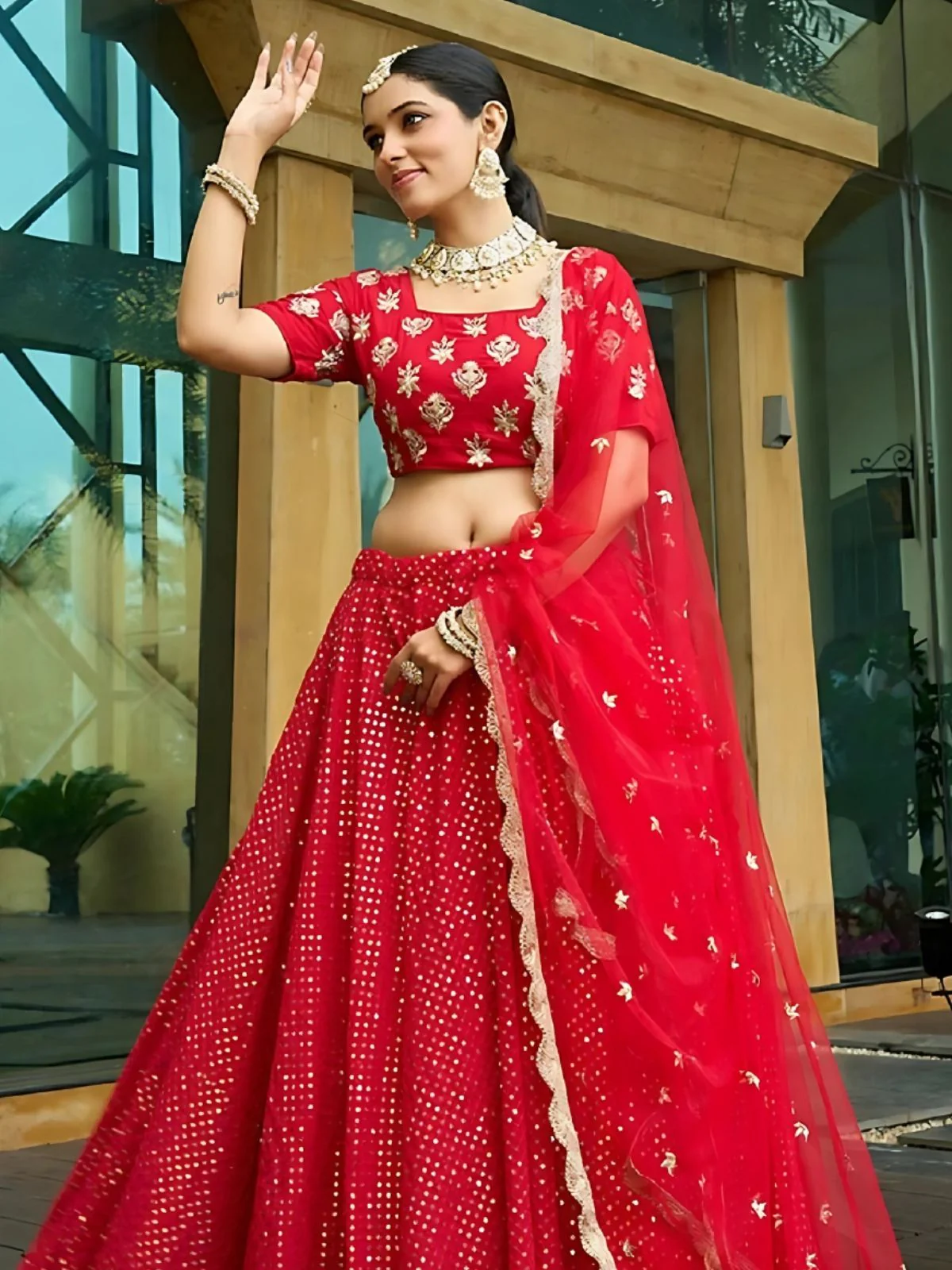 Odette Red Georgette Embroidered Semi-Stitched Lehenga For Women - Image 3