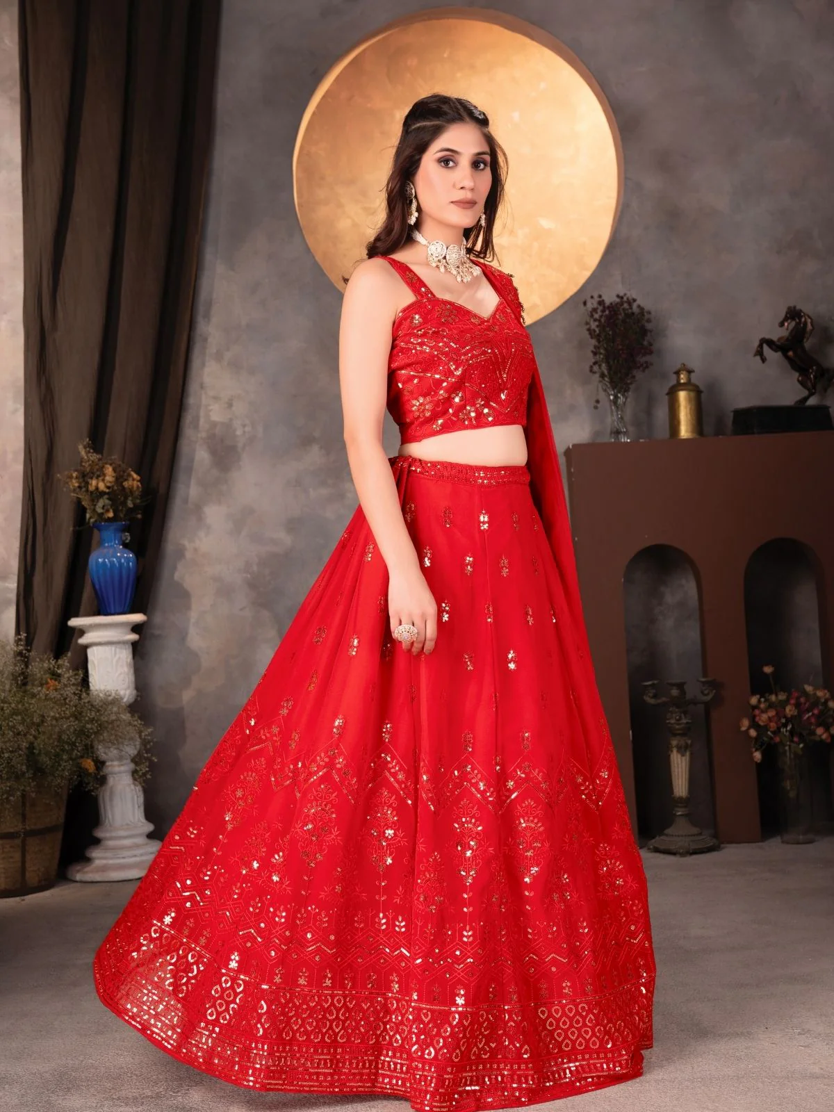 Odette Red Georgette Embroidered Semi-Stitched lehenga For Women - Image 2