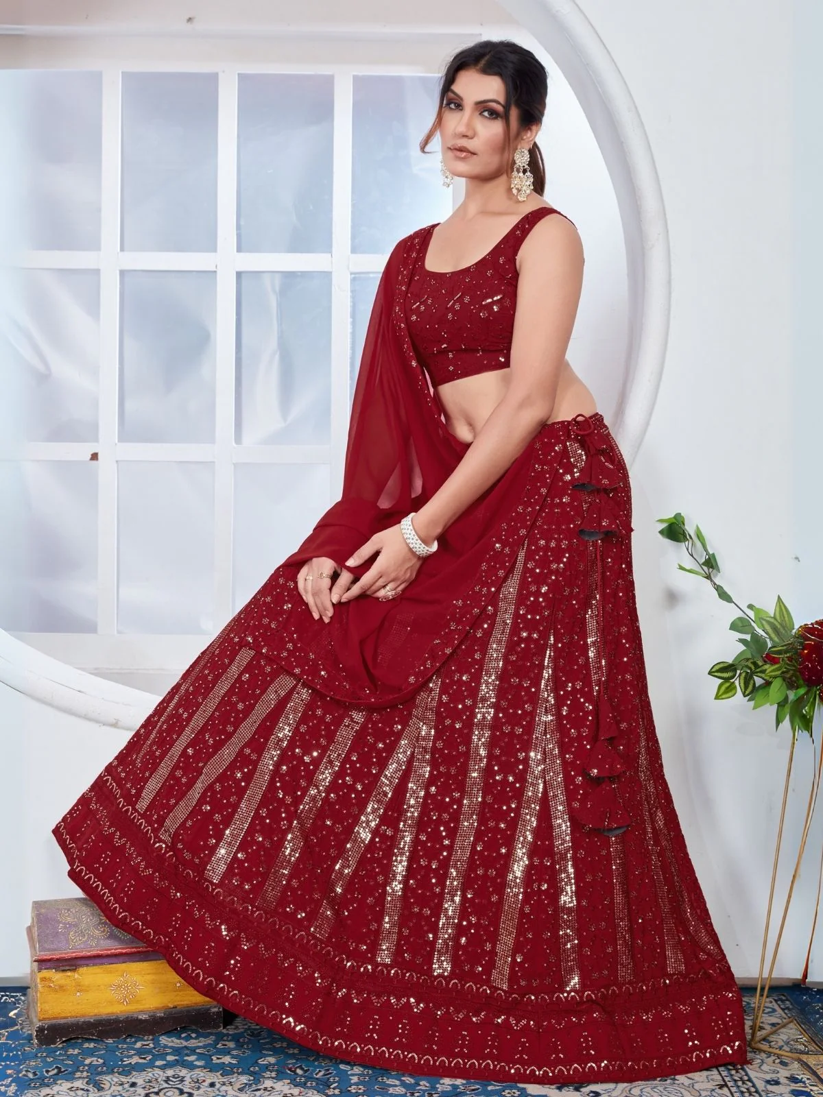 Odette Red Georgette Embroidered Semi-Stitched Lehenga For Women - Image 3