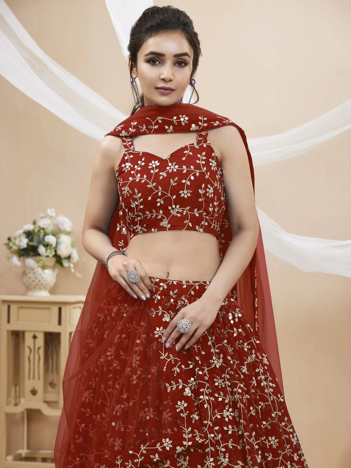 Odette Red Georgette Embroidered Semi-Stitched Lehenga For Women - Image 4