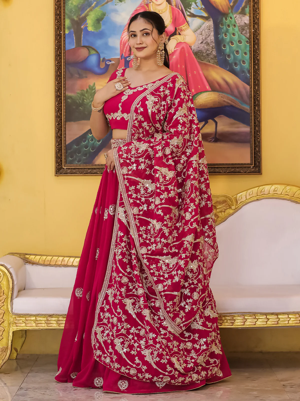 Odette Magenta Georgette Embroidered Semi Stitched Lehenga With Unstitched Blouse For Women - Image 2