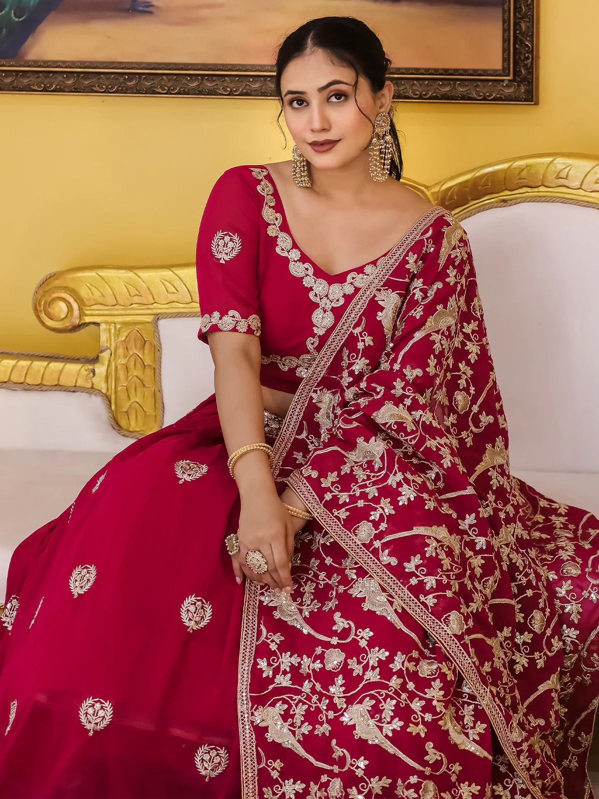 Odette Magenta Georgette Embroidered Semi Stitched Lehenga With Unstitched Blouse For Women - Image 5