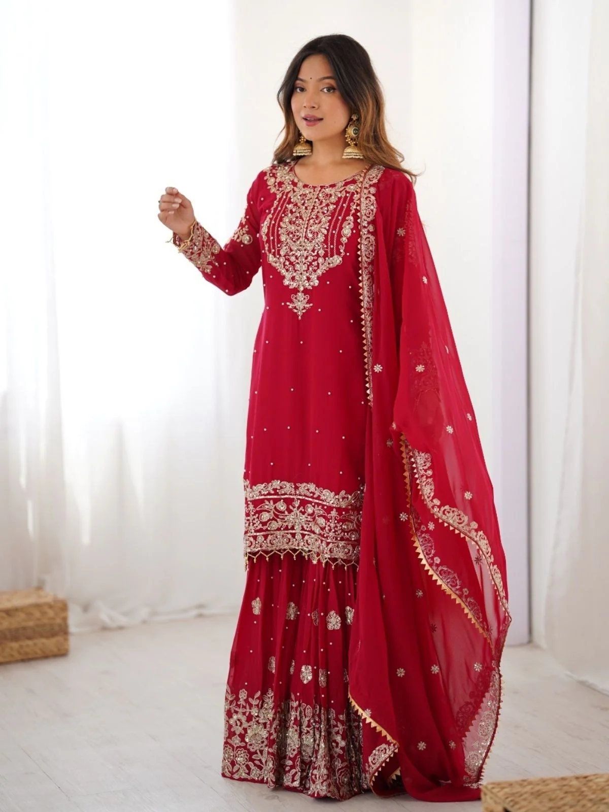 Odette Red Georgette Embroidered Stitched Kurta Set For Women - Image 3