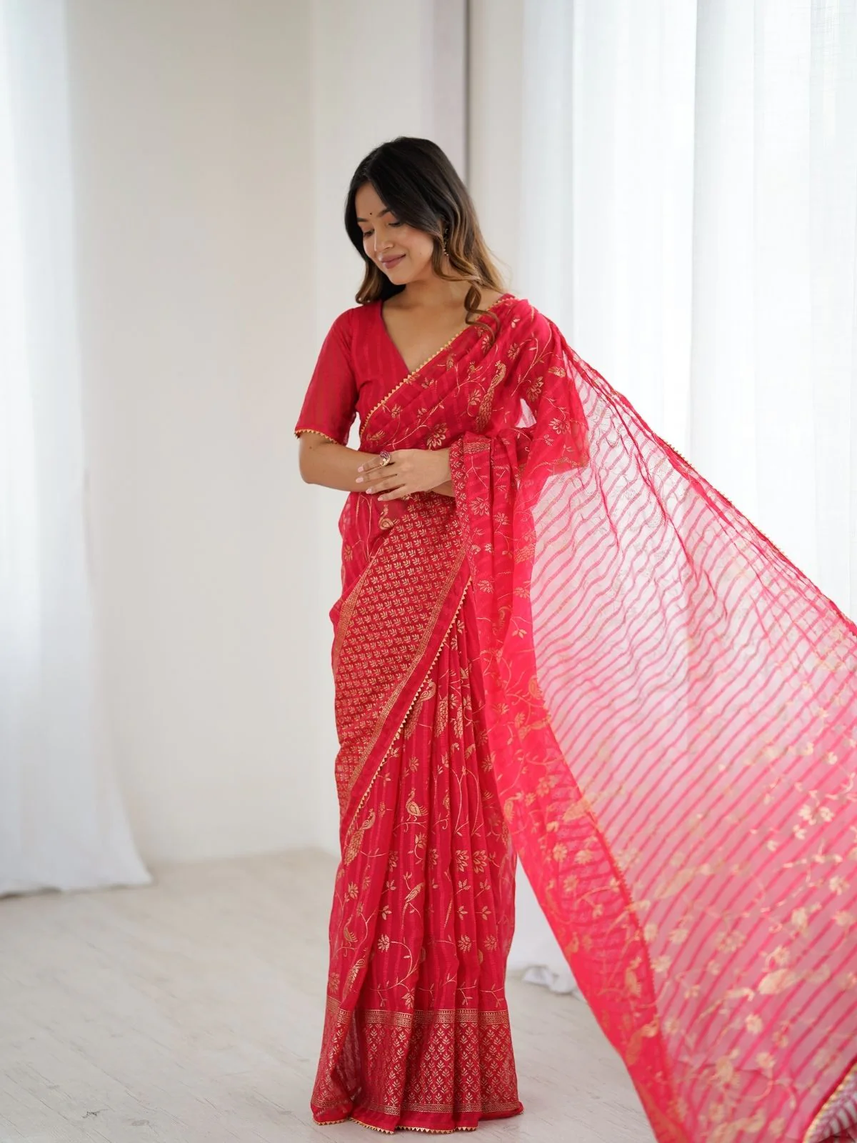 Odette Red Georgette Peacock Motifs Saree For Women - Image 2