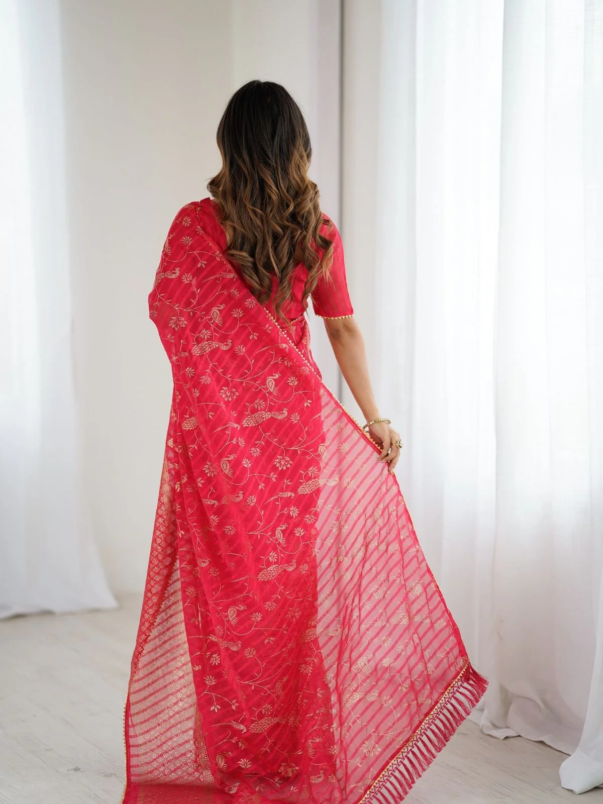 Odette Red Georgette Peacock Motifs Saree For Women - Image 3