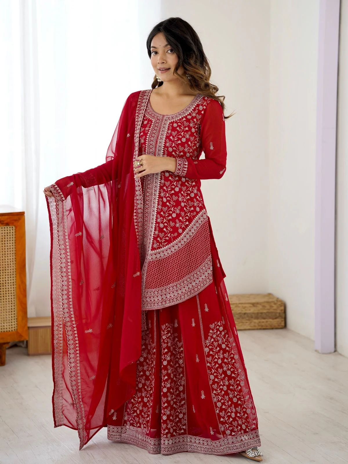Odette Red Georgette Sequins Embroidered Stitched Kurta Set For Women