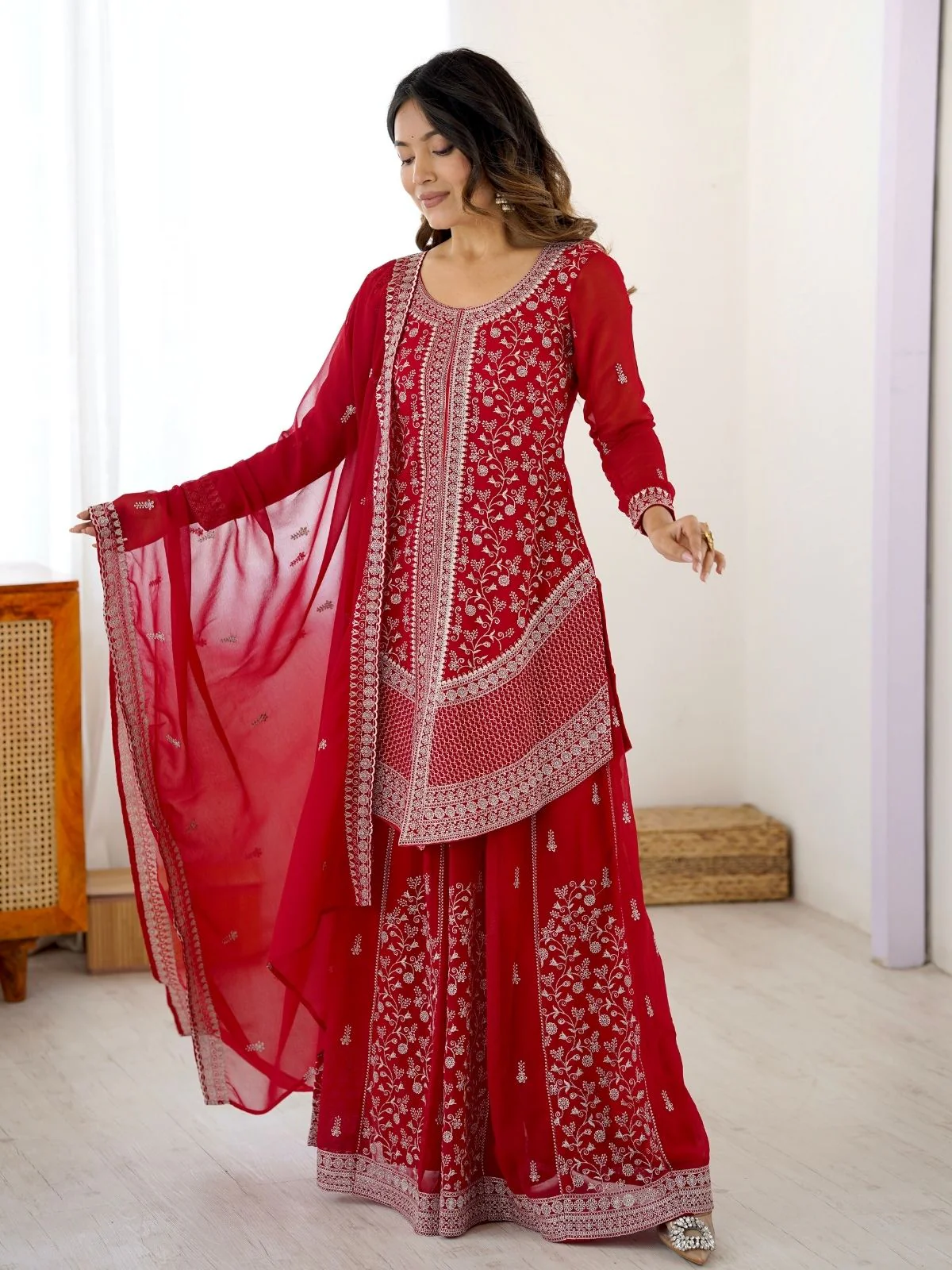 Odette Red Georgette Sequins Embroidered Stitched Kurta Set For Women - Image 3