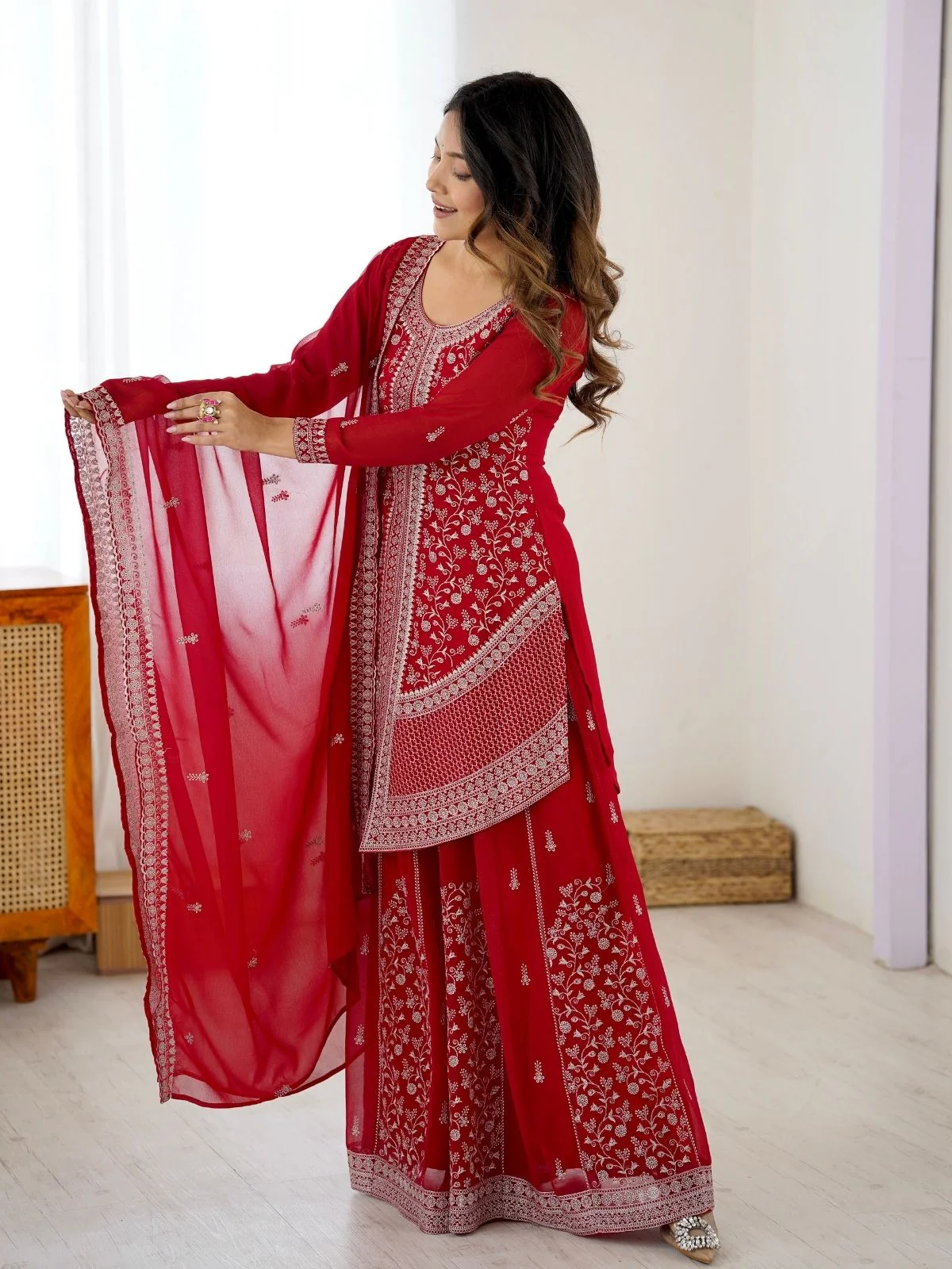 Odette Red Georgette Sequins Embroidered Stitched Kurta Set For Women - Image 4