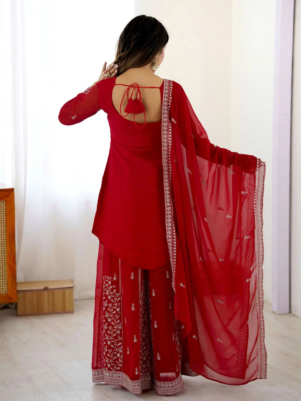 Odette Red Georgette Sequins Embroidered Stitched Kurta Set For Women - Image 5