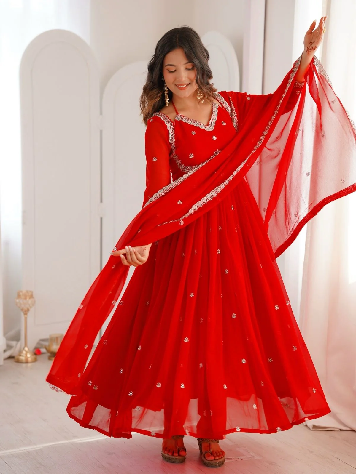 Odette Red Georgette Sequins Embroidered Stitched Kurta Set For Women - Image 2