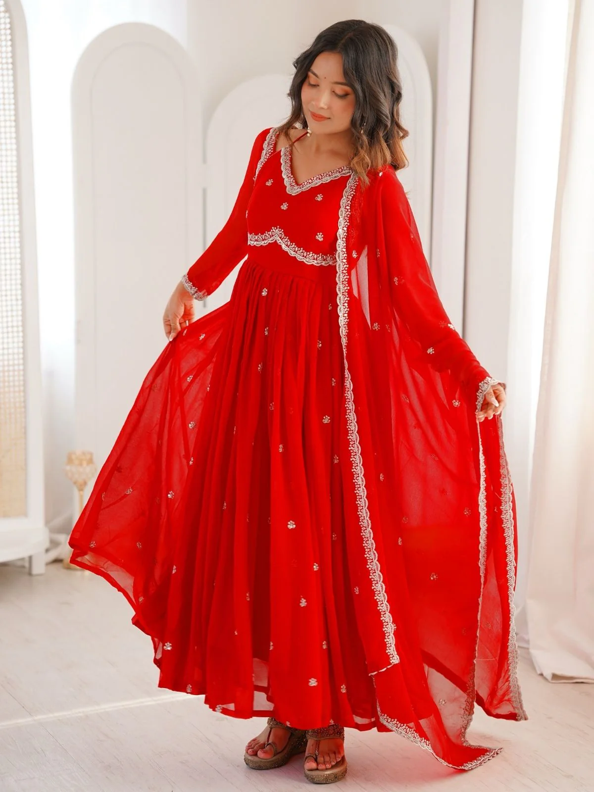 Odette Red Georgette Sequins Embroidered Stitched Kurta Set For Women - Image 3