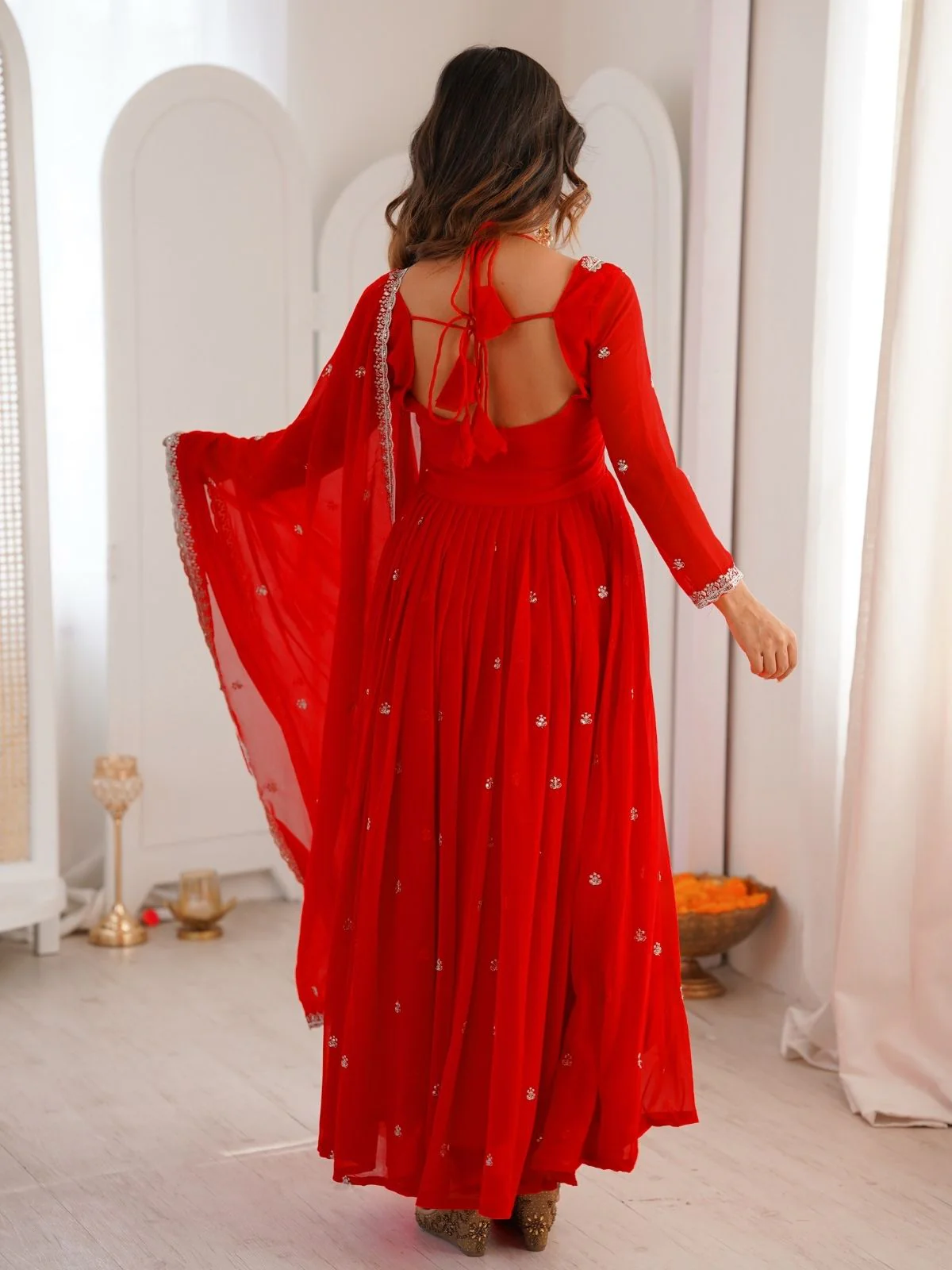 Odette Red Georgette Sequins Embroidered Stitched Kurta Set For Women - Image 5