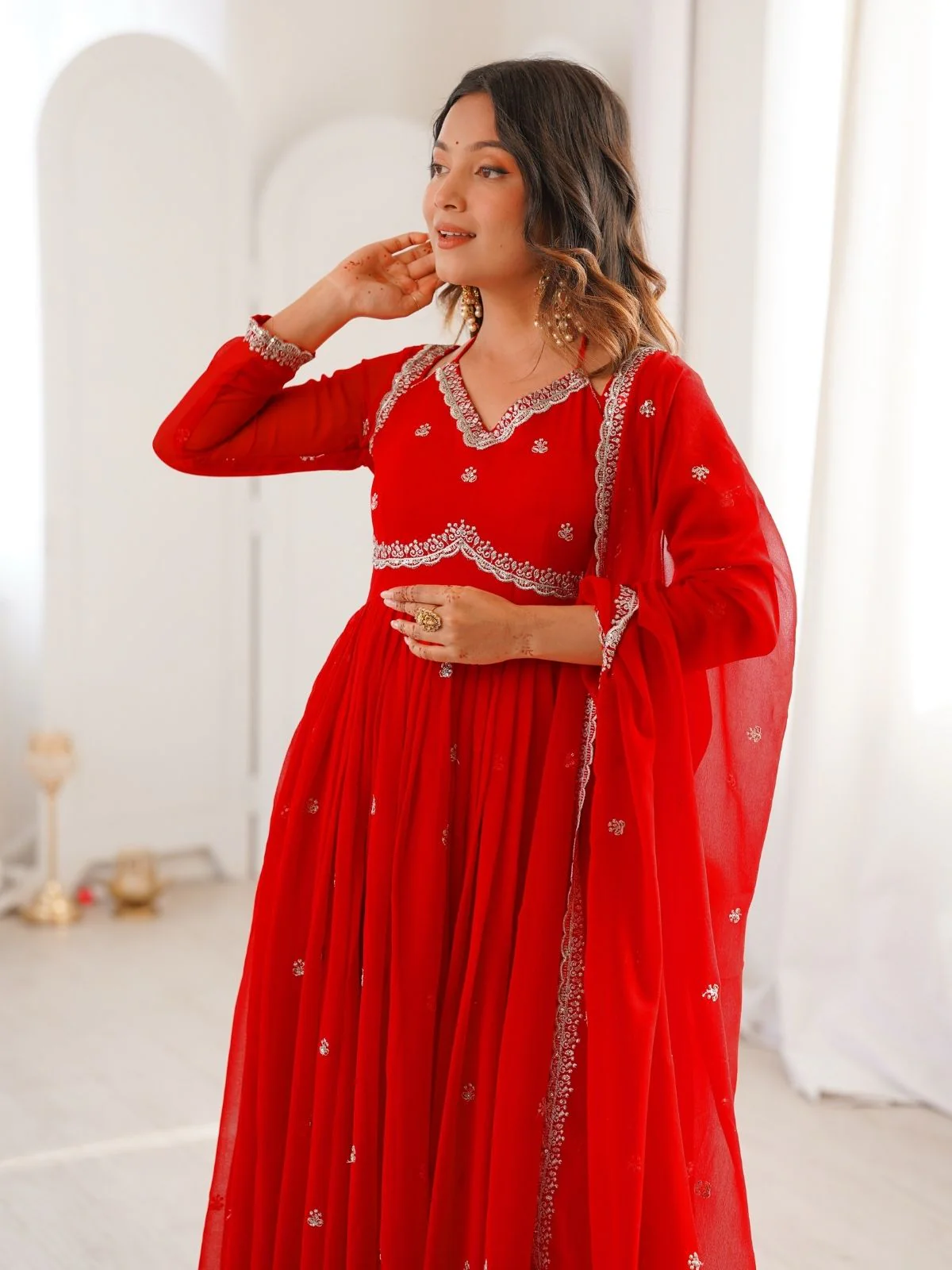 Odette Red Georgette Sequins Embroidered Stitched Kurta Set For Women - Image 7
