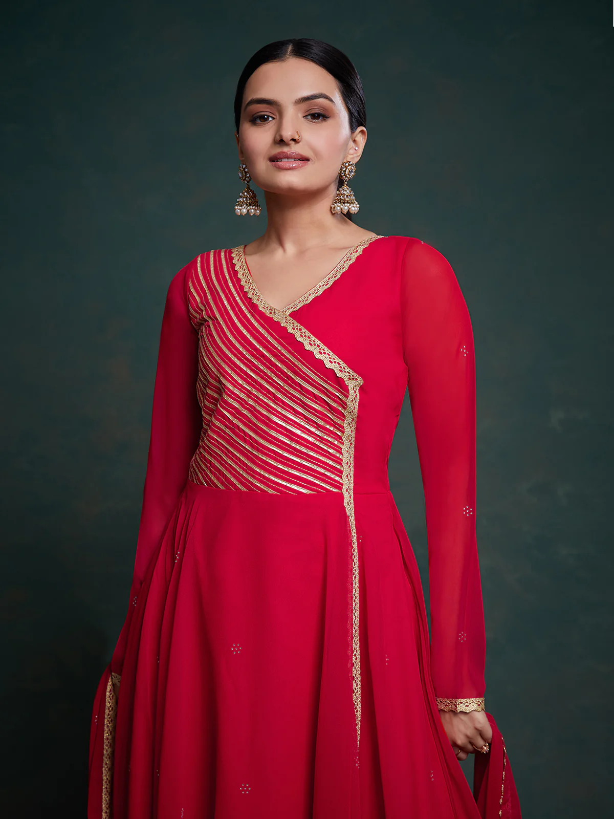 Odette Red Georgette Solid Gown For Women - Image 2