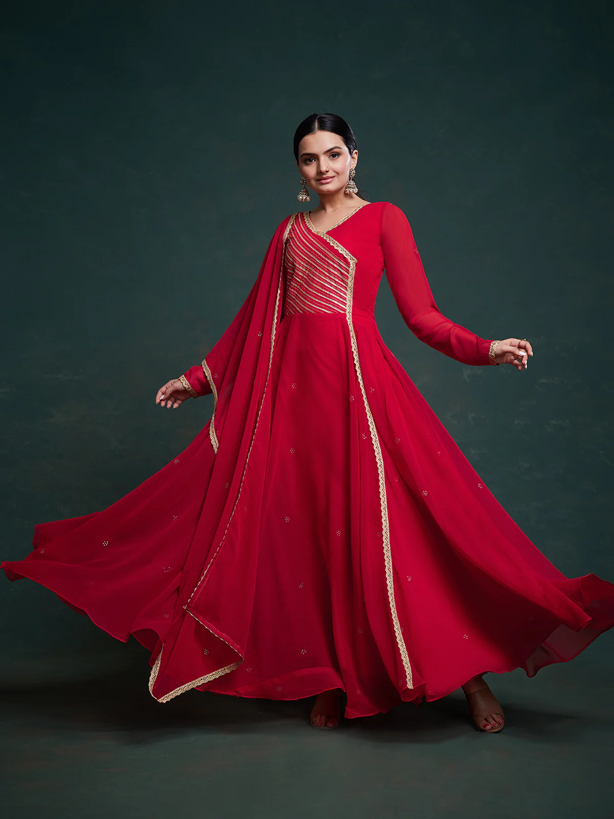 Odette Red Georgette Solid Gown For Women - Image 3