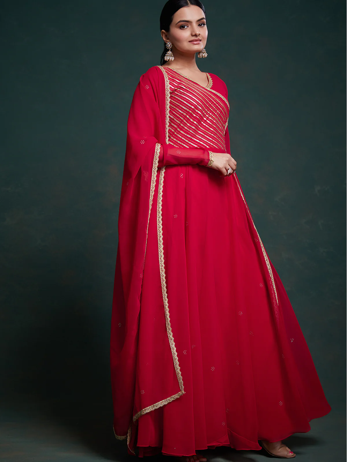 Odette Red Georgette Solid Gown For Women - Image 4
