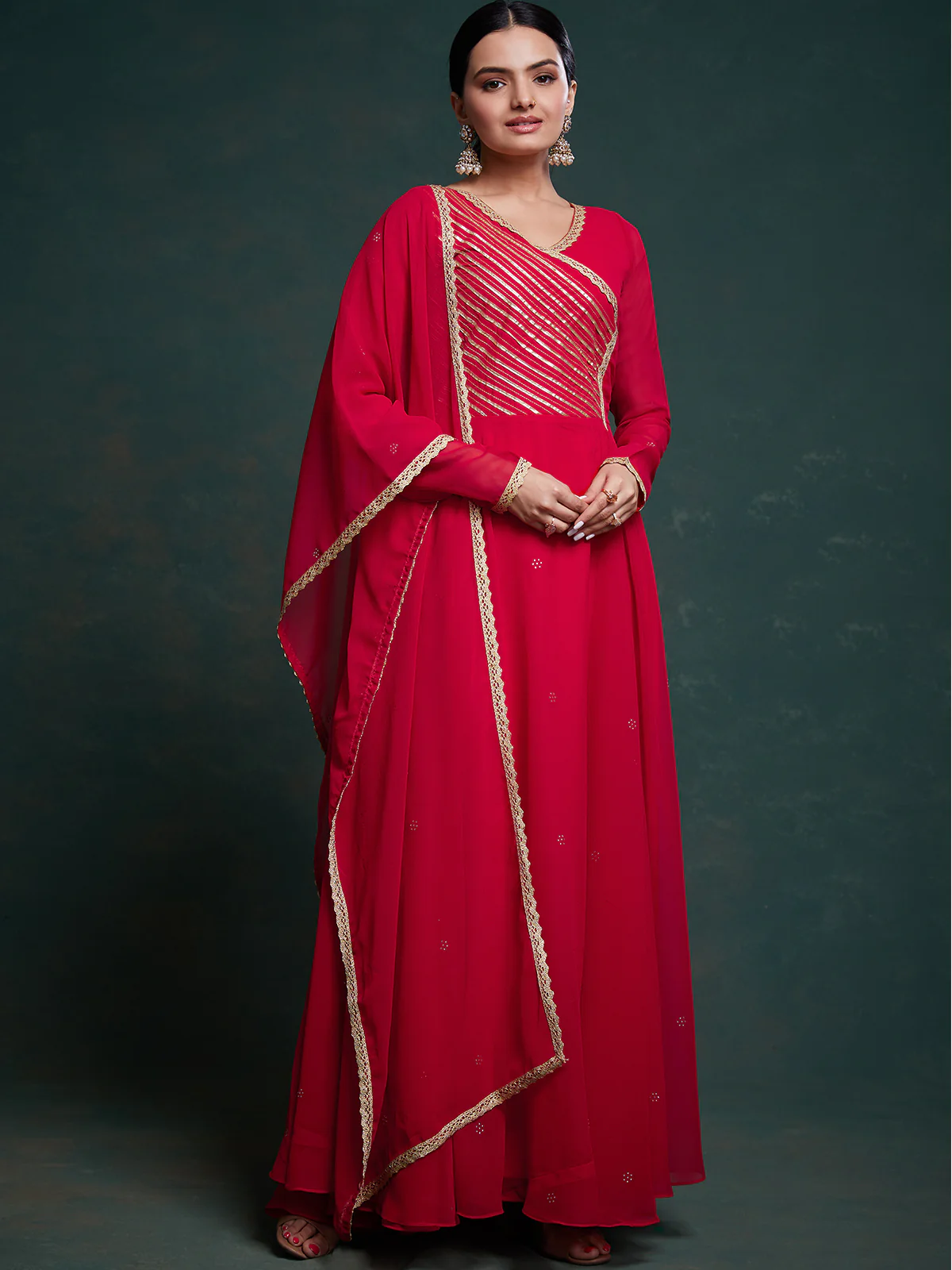 Odette Red Georgette Solid Gown For Women - Image 5
