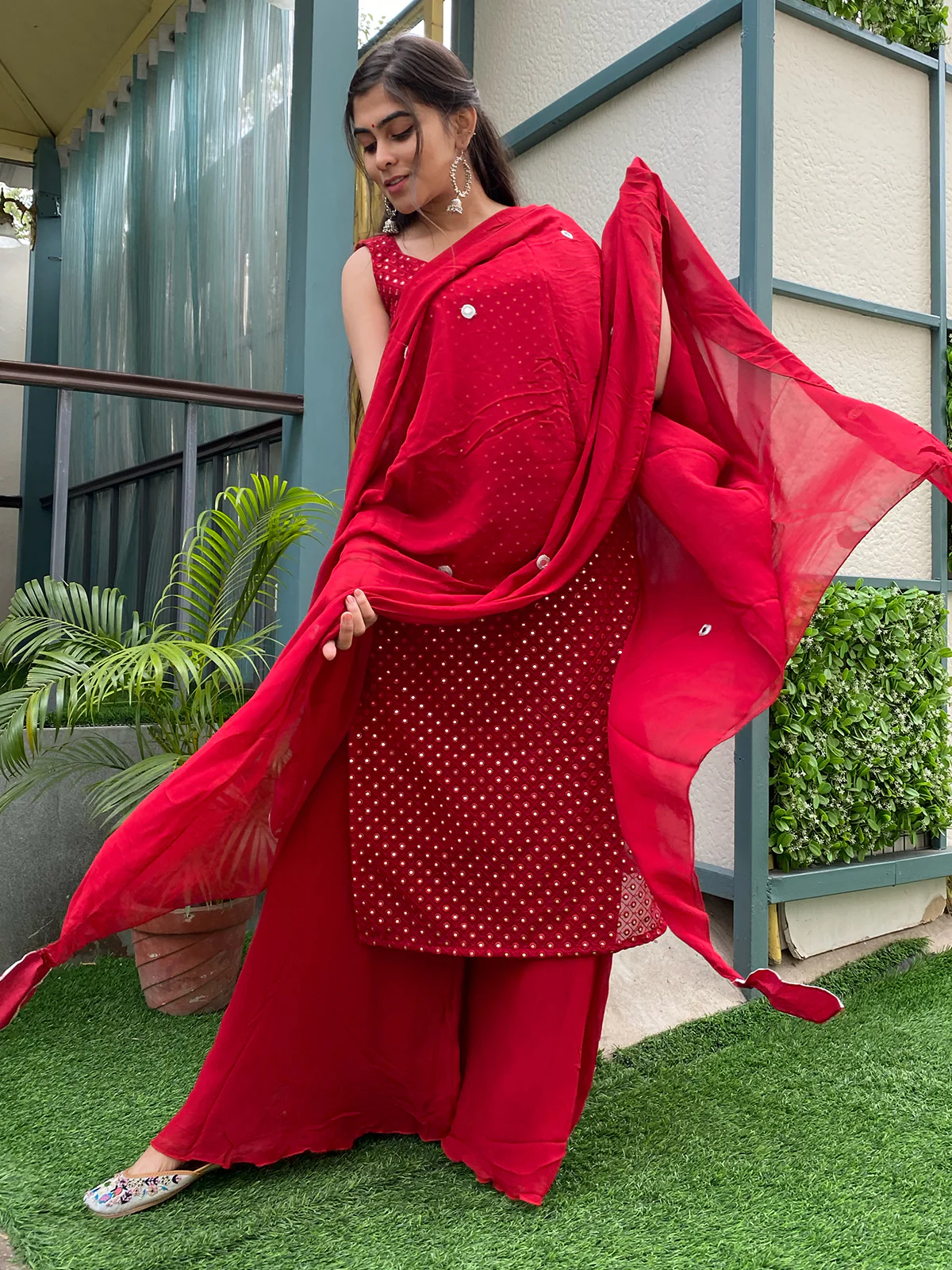 Odette Red Georgette Stitched Kurta Set For Women - Image 3