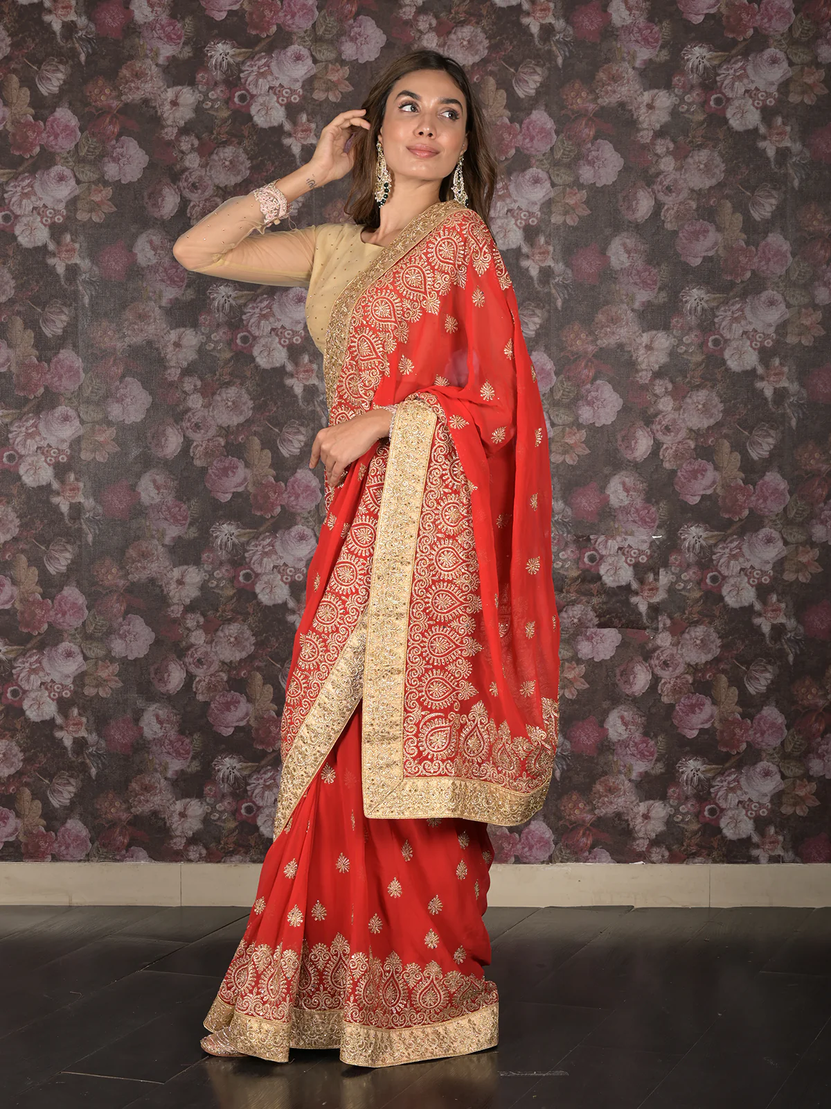Odette Red Gold Zari Embroidered Georgette Saree with Unstitched Blouse for Women - Image 2