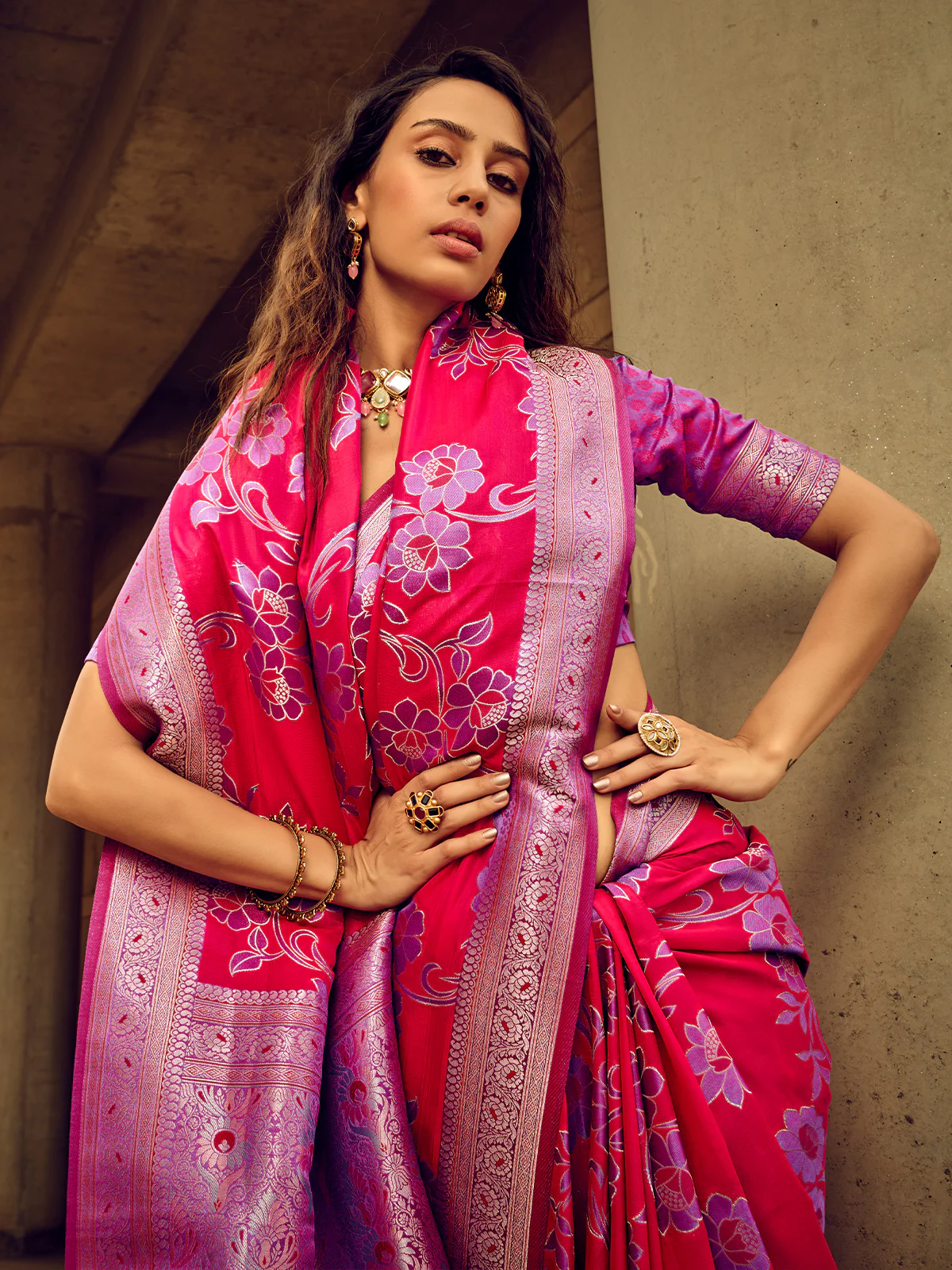 Odette Magenta Handloom Woven Satin Saree For Women - Image 3