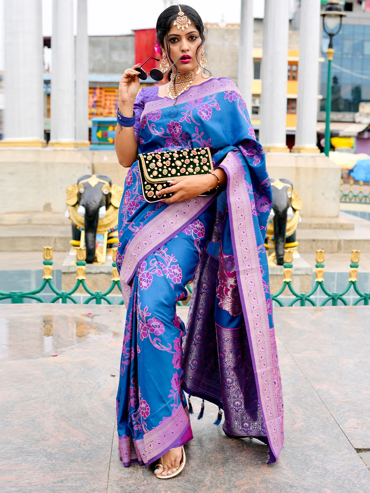 Odette Dark Blue Handloom Woven Satin Saree For Women - Image 3