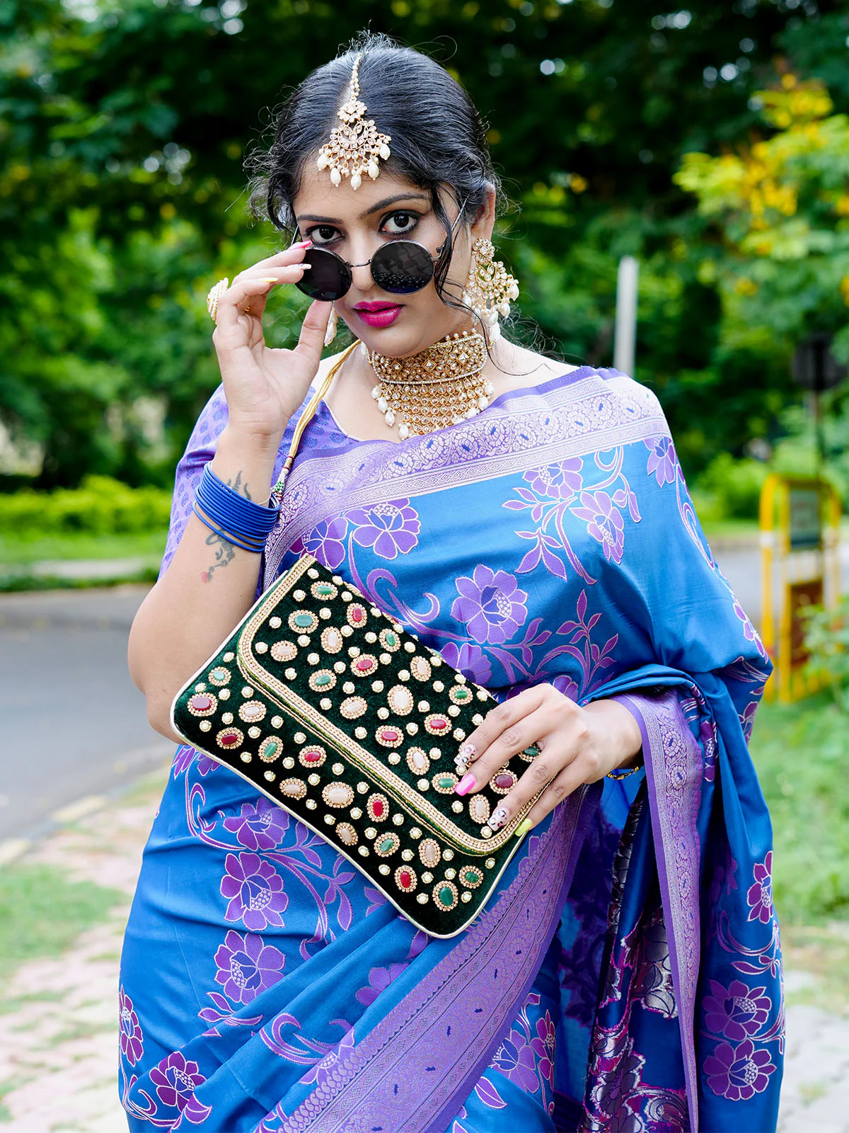 Odette Dark Blue Handloom Woven Satin Saree For Women - Image 6