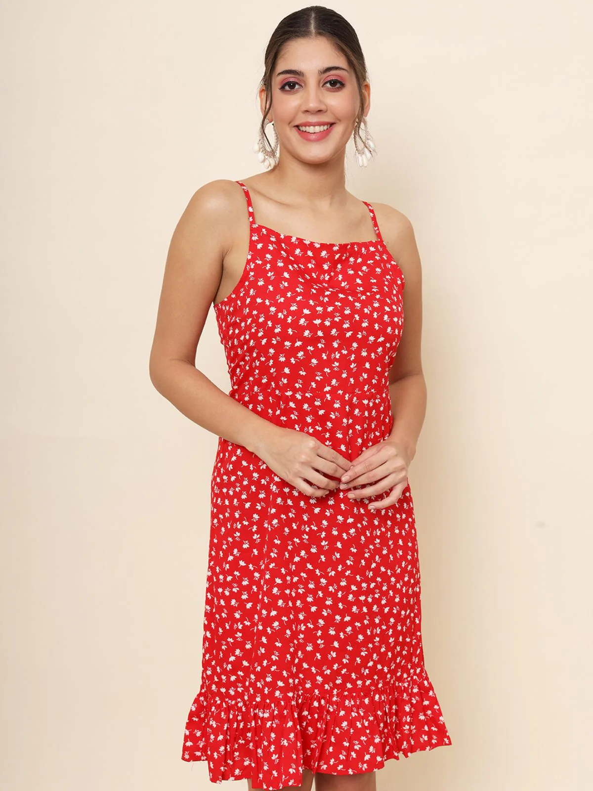 Odette Red Heavy Crepe Printed Stitched Dress For Women - Image 3